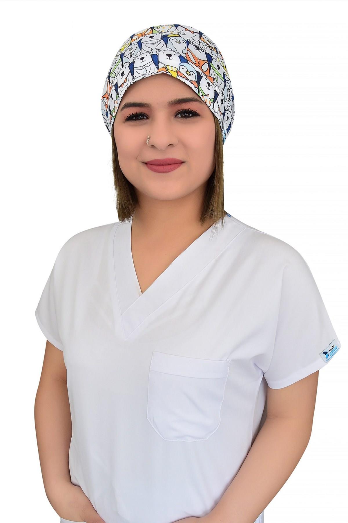 Unisex Panda Ayı Kardeşler Desenli Cerrahi Bone Doktor Saç Bone-Nur Medikal Giyim