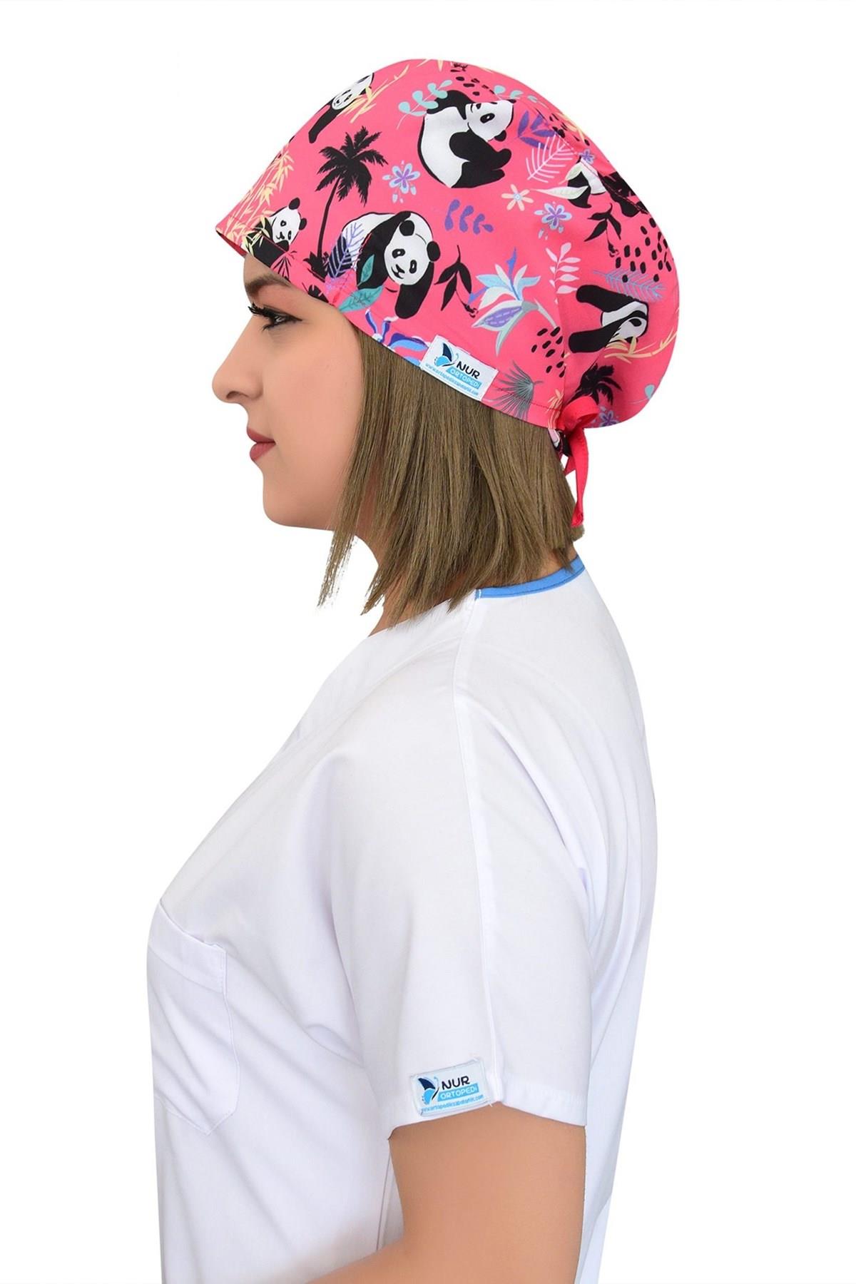 Unisex Pembe Panda Desenli Cerrahi Bone Doktor Hemşire Saç Bone-Nur Medikal Giyim
