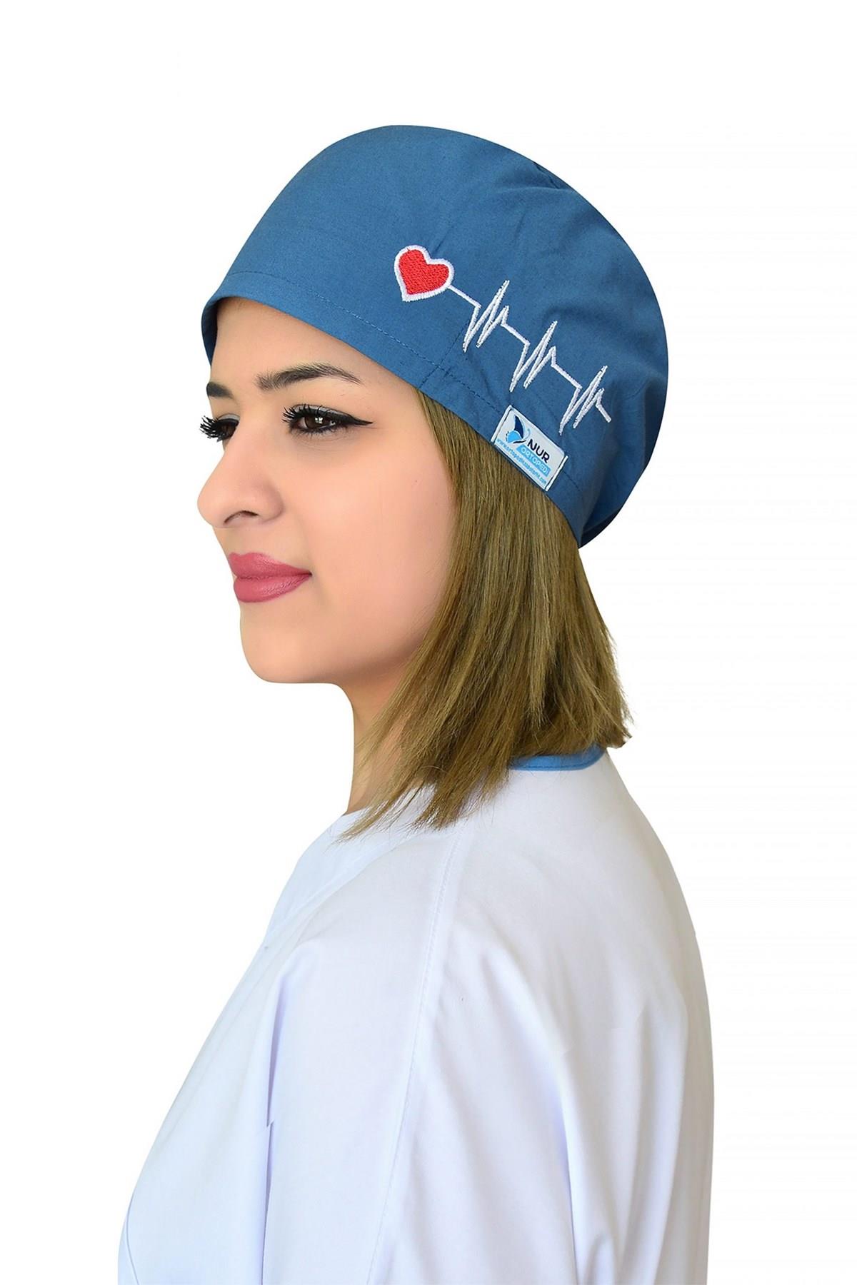 Unisex Petrol Mavi Kalp Ritim Nakışlı Cerrahi Bone Doktor Saç Bone-Nur Medikal Giyim