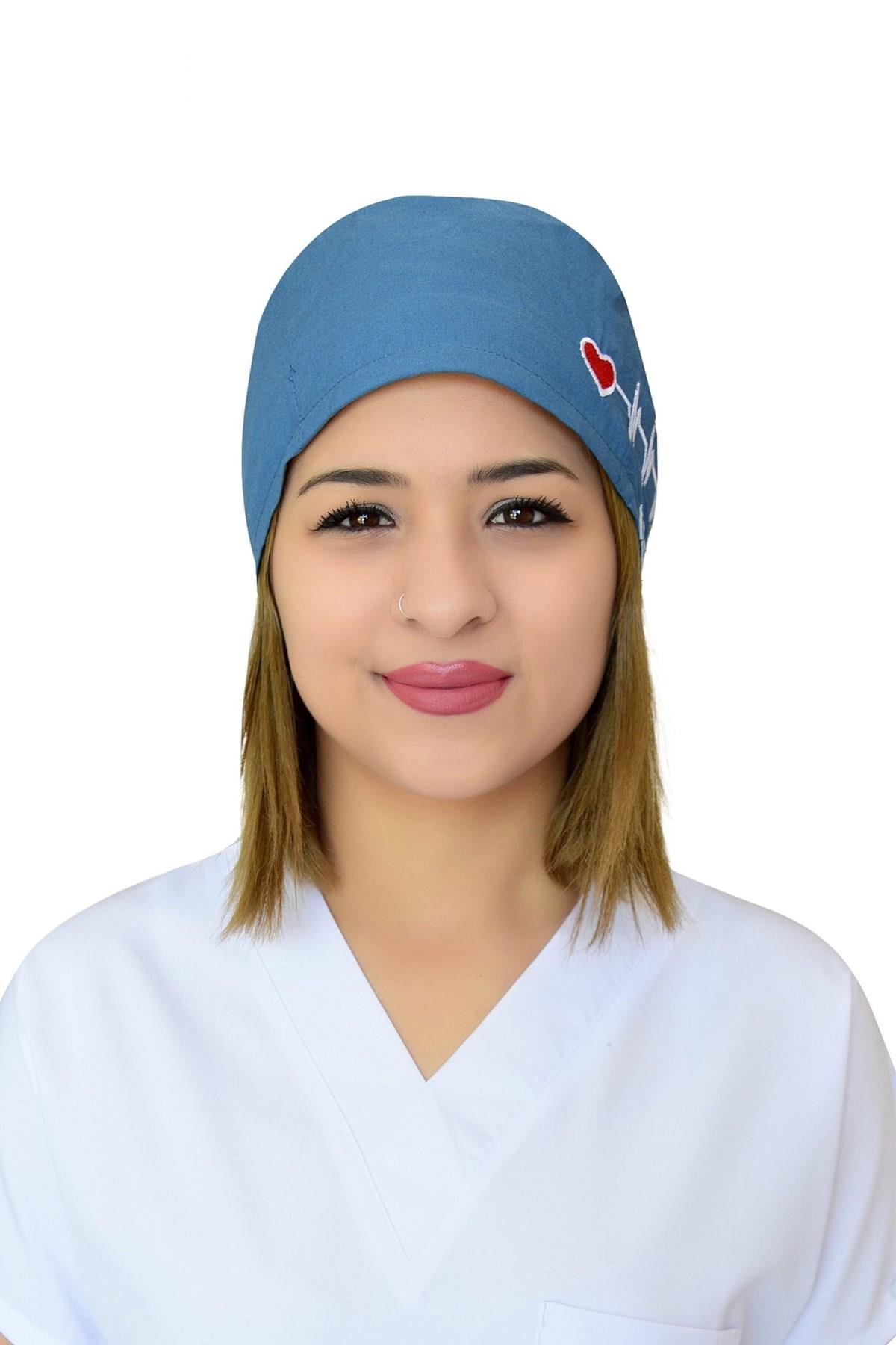 Unisex Petrol Mavi Kalp Ritim Nakışlı Cerrahi Bone Doktor Saç Bone-Nur Medikal Giyim