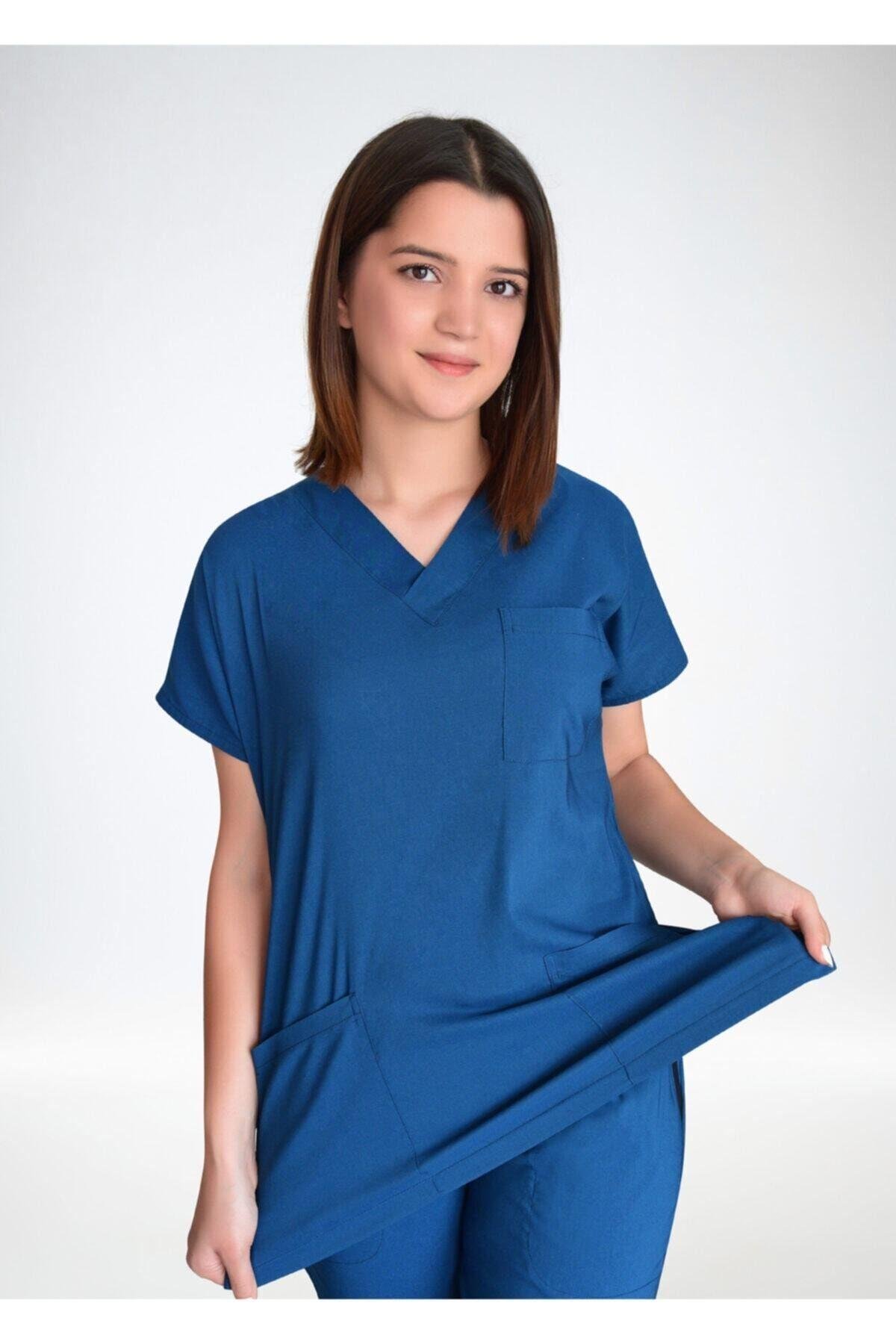 Unisex Petrol Mavi Likralı Cerrahi Alt Üst Forma Takım-Nur Medikal Giyim