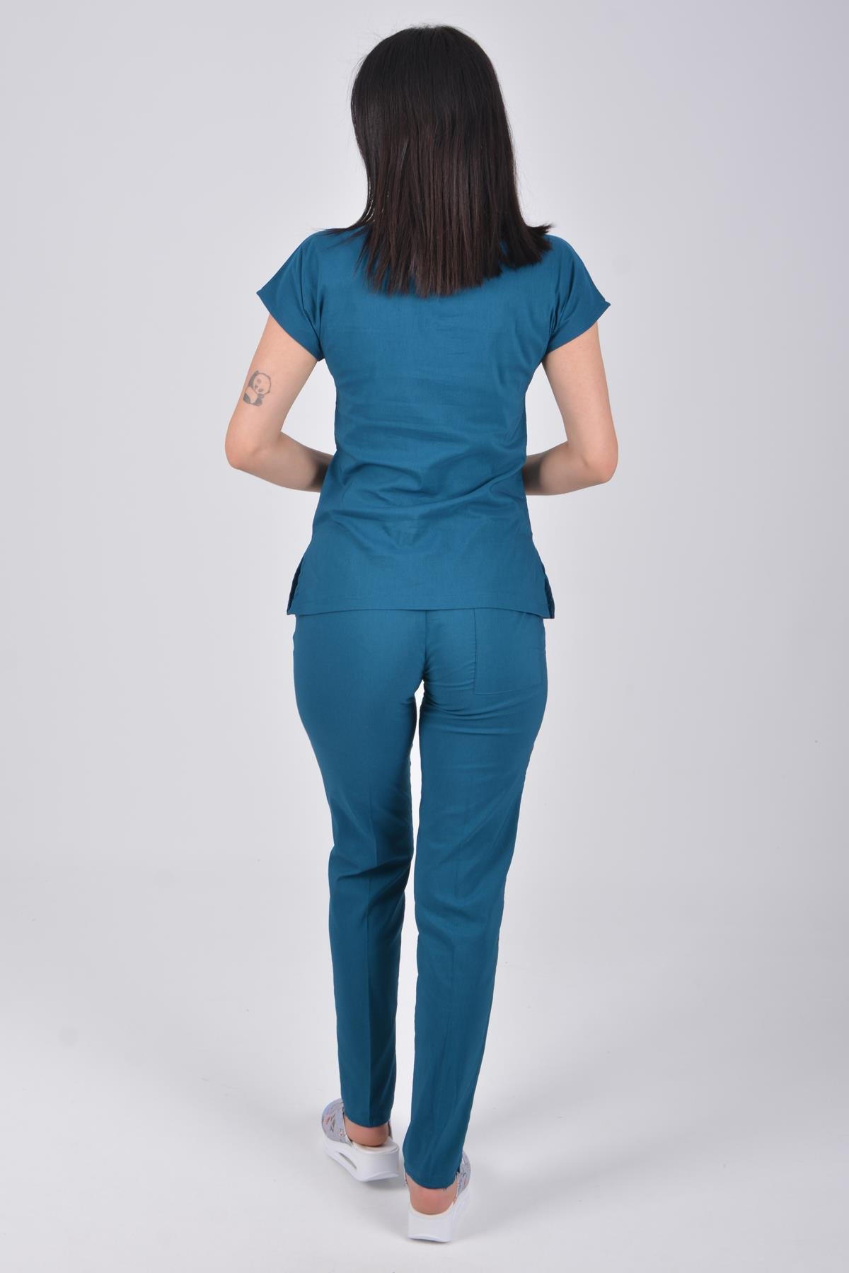 Unisex Petrol Mavisi Terikoton Hemşire Doktor Cerrahi Üniforma Takım Scrubs-Nur Medikal Giyim