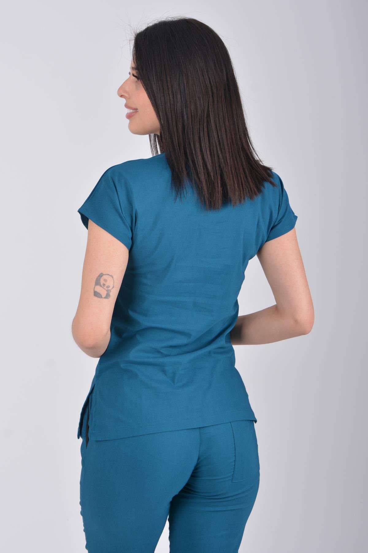 Unisex Petrol Mavisi Terikoton Hemşire Doktor Cerrahi Üniforma Takım Scrubs-Nur Medikal Giyim