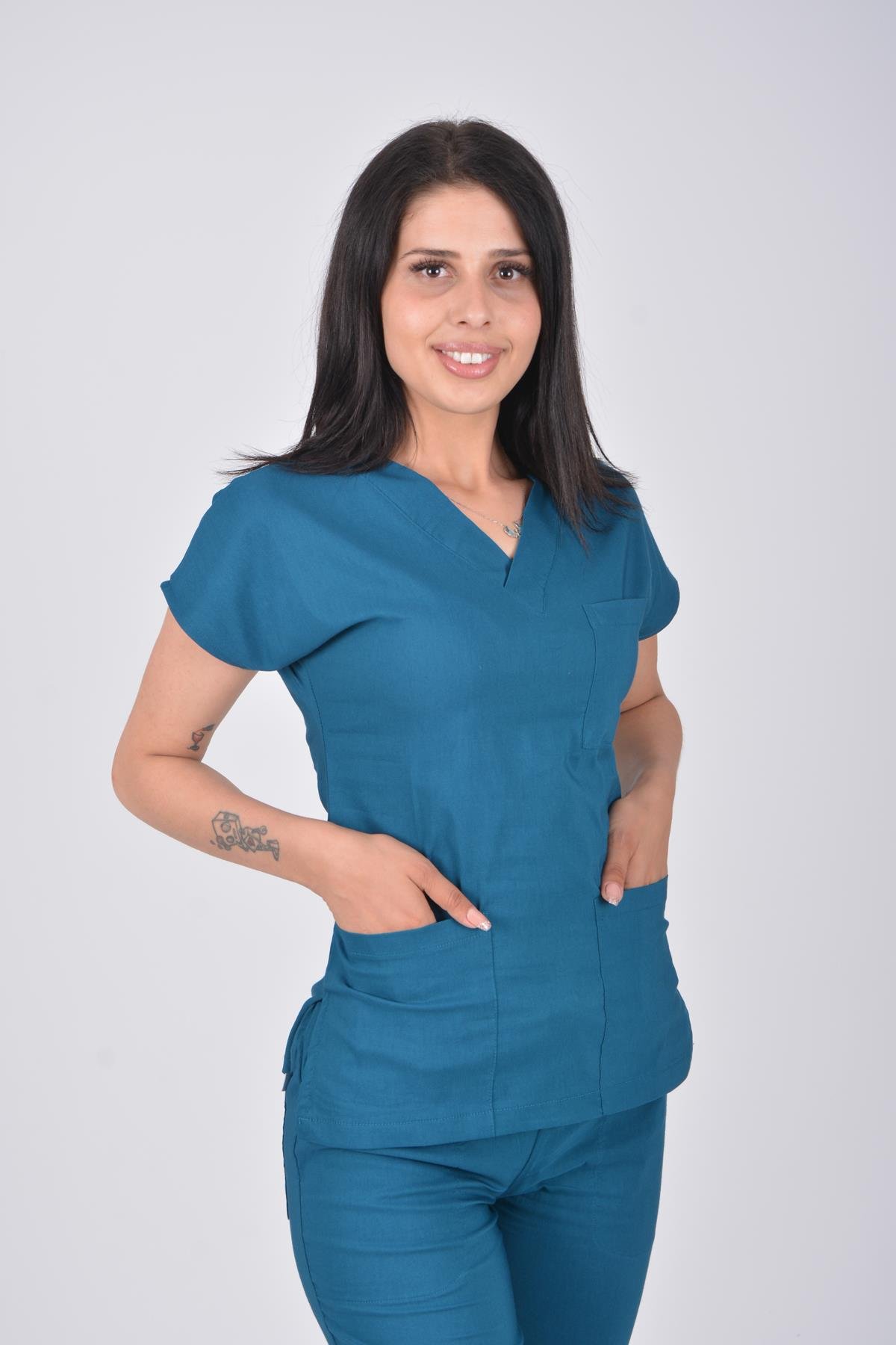 Unisex Petrol Mavisi Terikoton Hemşire Doktor Cerrahi Üniforma Takım Scrubs-Nur Medikal Giyim