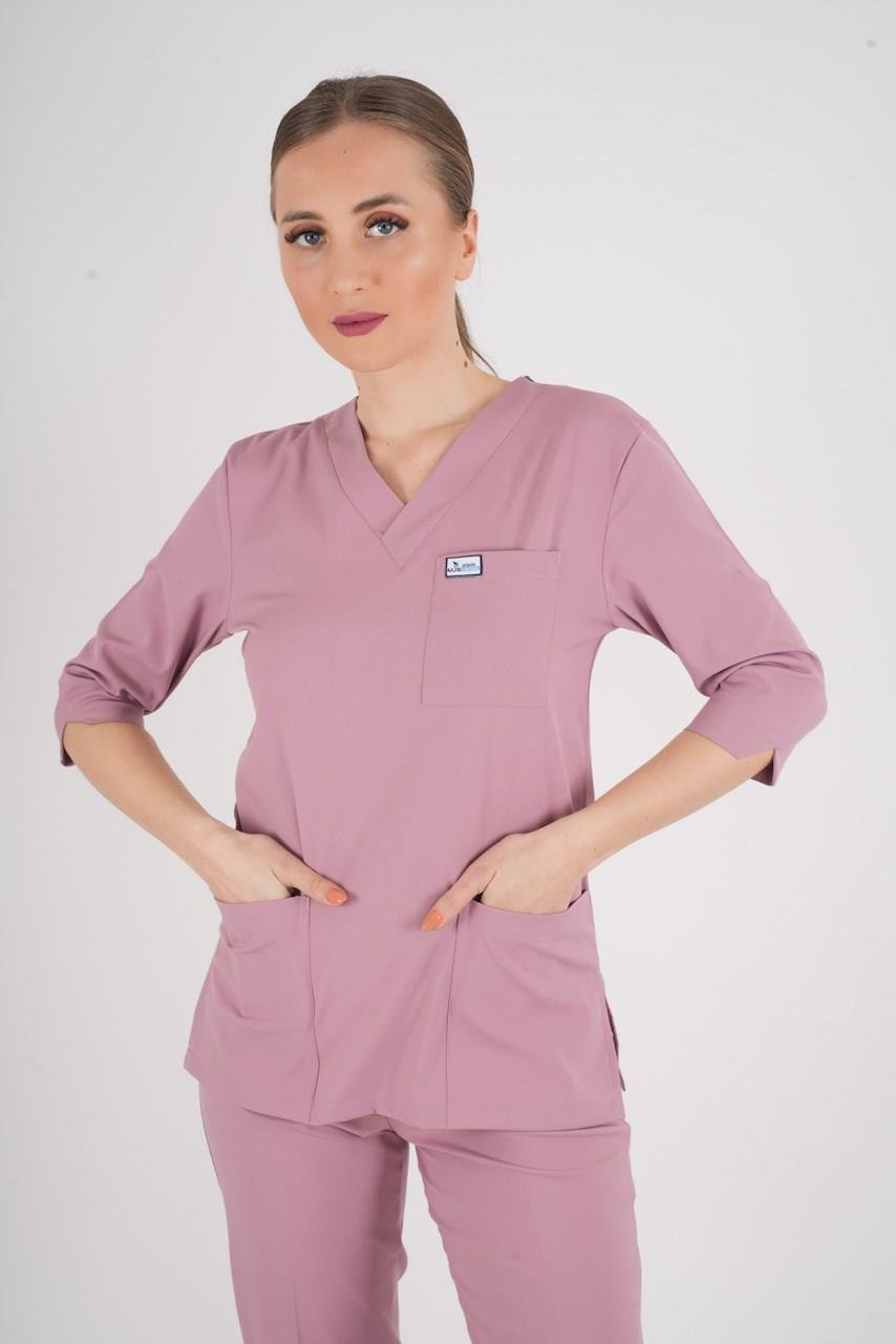 Unisex Pudra Violet Model Scrubs Takım Doktor Hemşire Üniforması-Nur Medikal Giyim