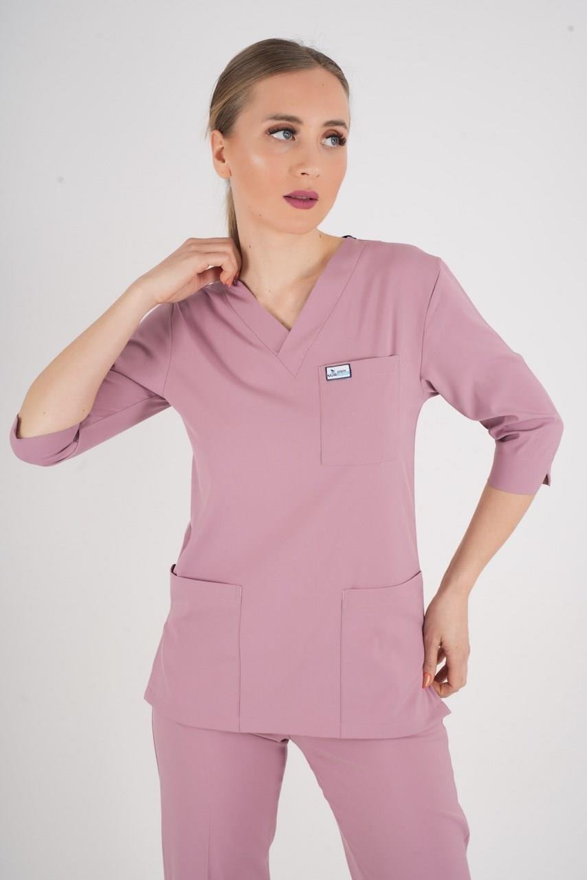 Unisex Pudra Violet Model Scrubs Takım Doktor Hemşire Üniforması-Nur Medikal Giyim