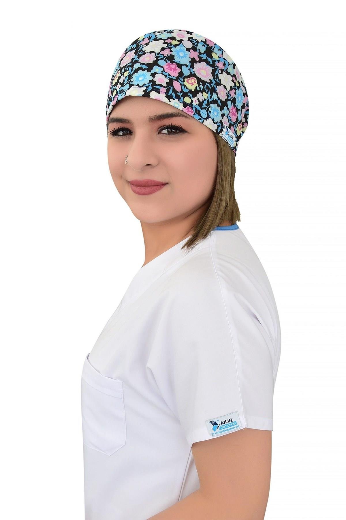 Unisex Renkli Bahar Çiçekleri Desenli Cerrahi Bone Hemşire Saç Bonesi-Nur Medikal Giyim