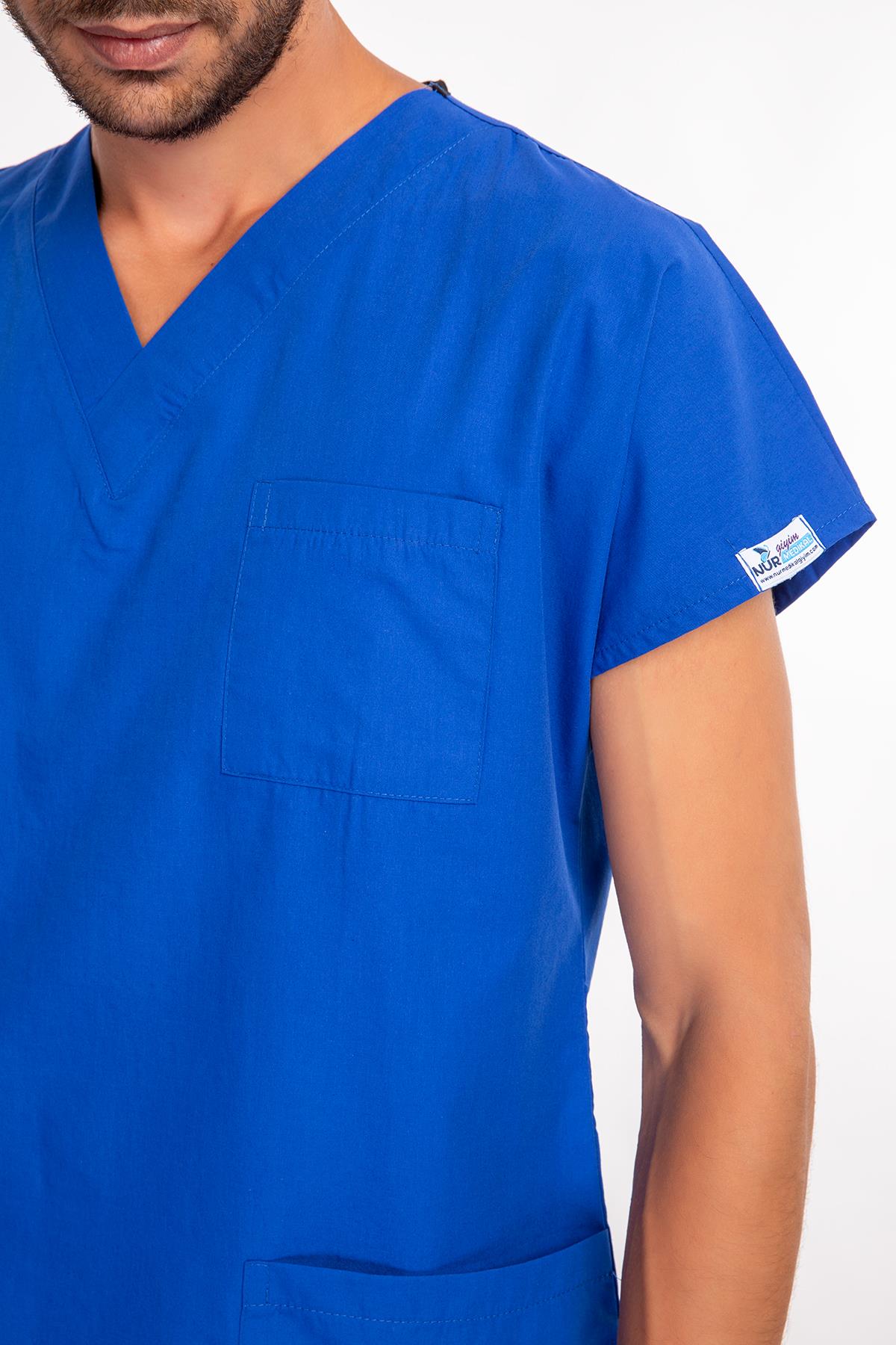 Unisex Saks Mavi Terikoton Doktor Hemşire Üniforma Takım Scrubs-Nur Medikal Giyim