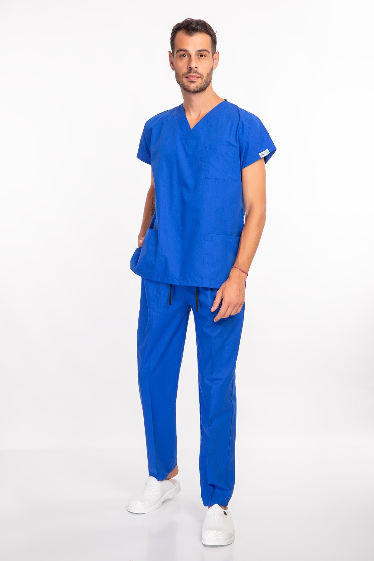 Unisex Saks Mavi Terikoton Doktor Hemşire Üniforma Takım Scrubs-Nur Medikal Giyim