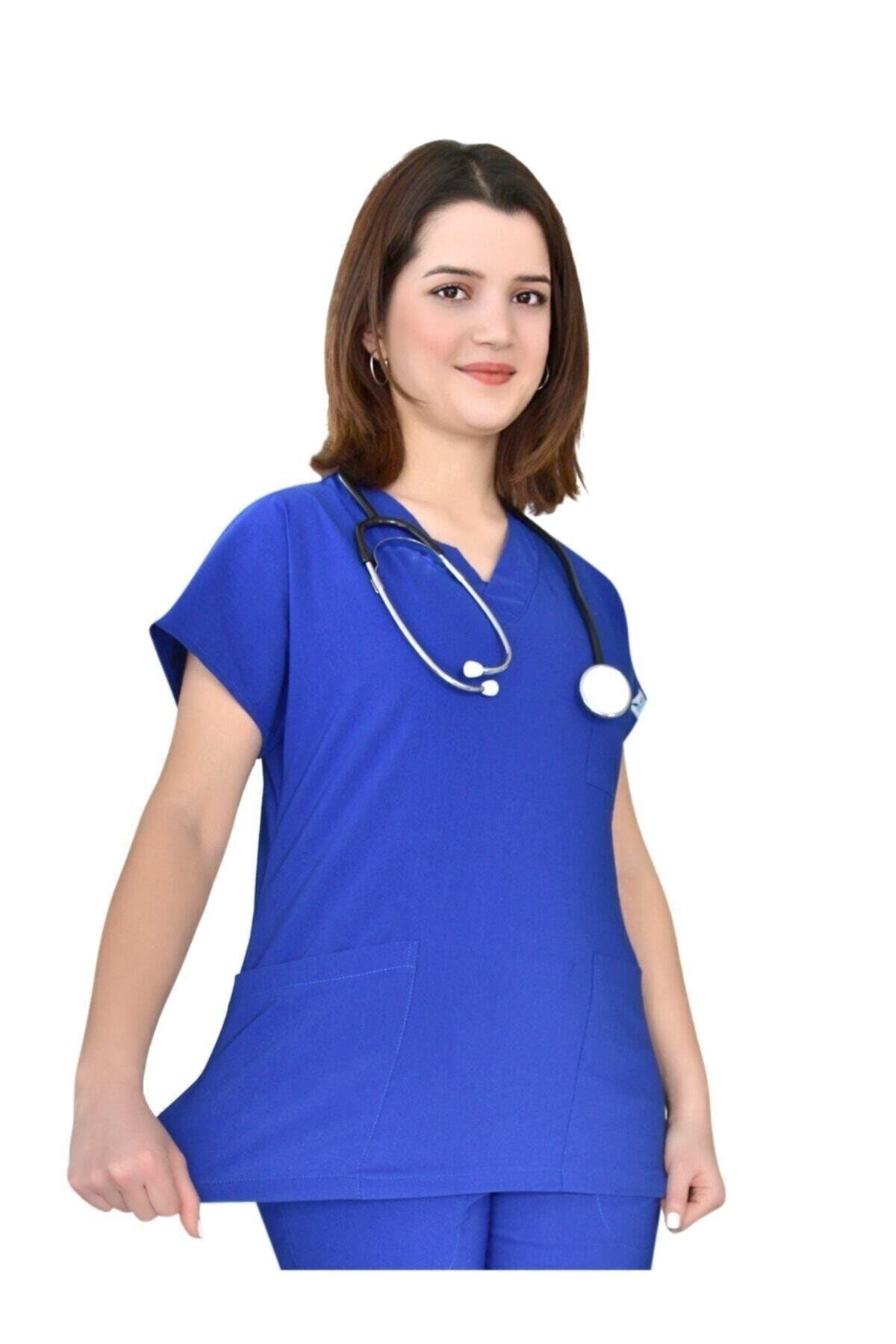 Unisex Saks Mavisi Likralı Alt Üst Forma Takım Scrubs-Nur Medikal Giyim