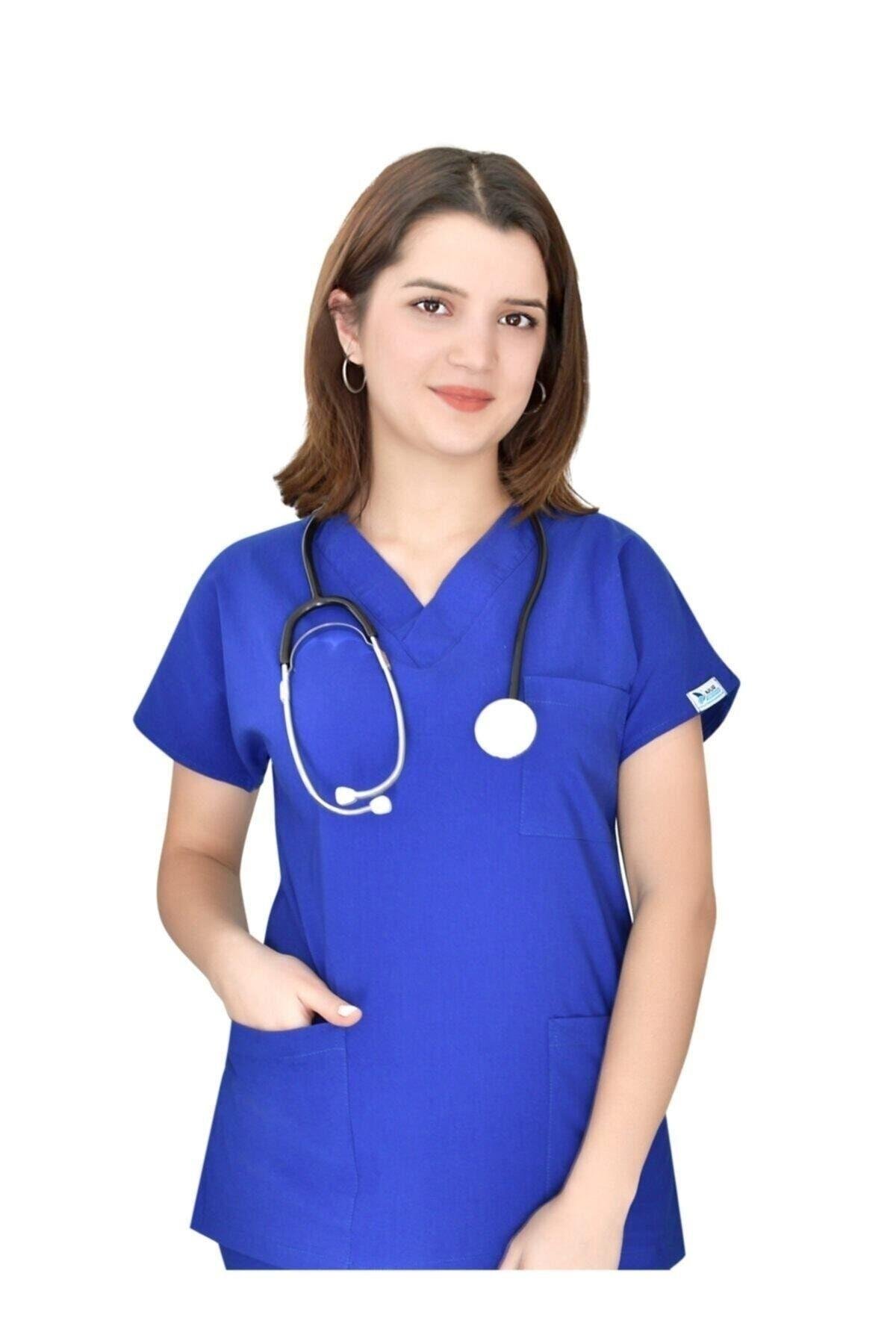 Unisex Saks Mavisi Likralı Alt Üst Forma Takım Scrubs-Nur Medikal Giyim