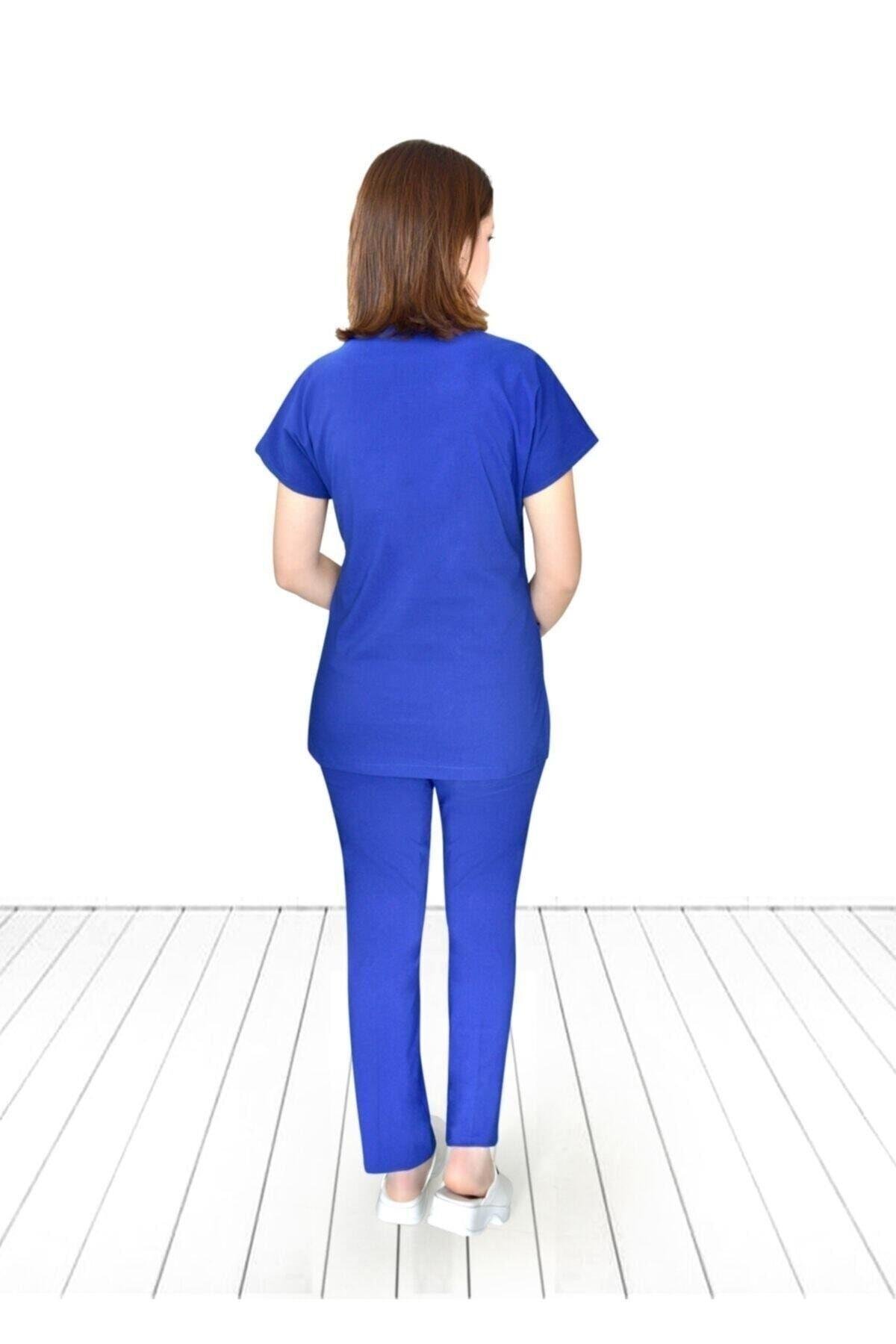 Unisex Saks Mavisi Likralı Alt Üst Forma Takım Scrubs-Nur Medikal Giyim