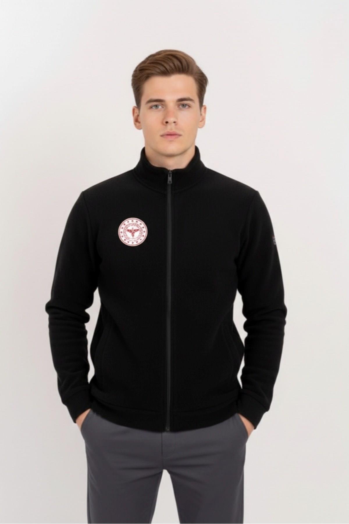 Unisex Siyah Renk Sağlık Bakanlığı Logolu Fermuarlı Polar-Nur Medikal Giyim