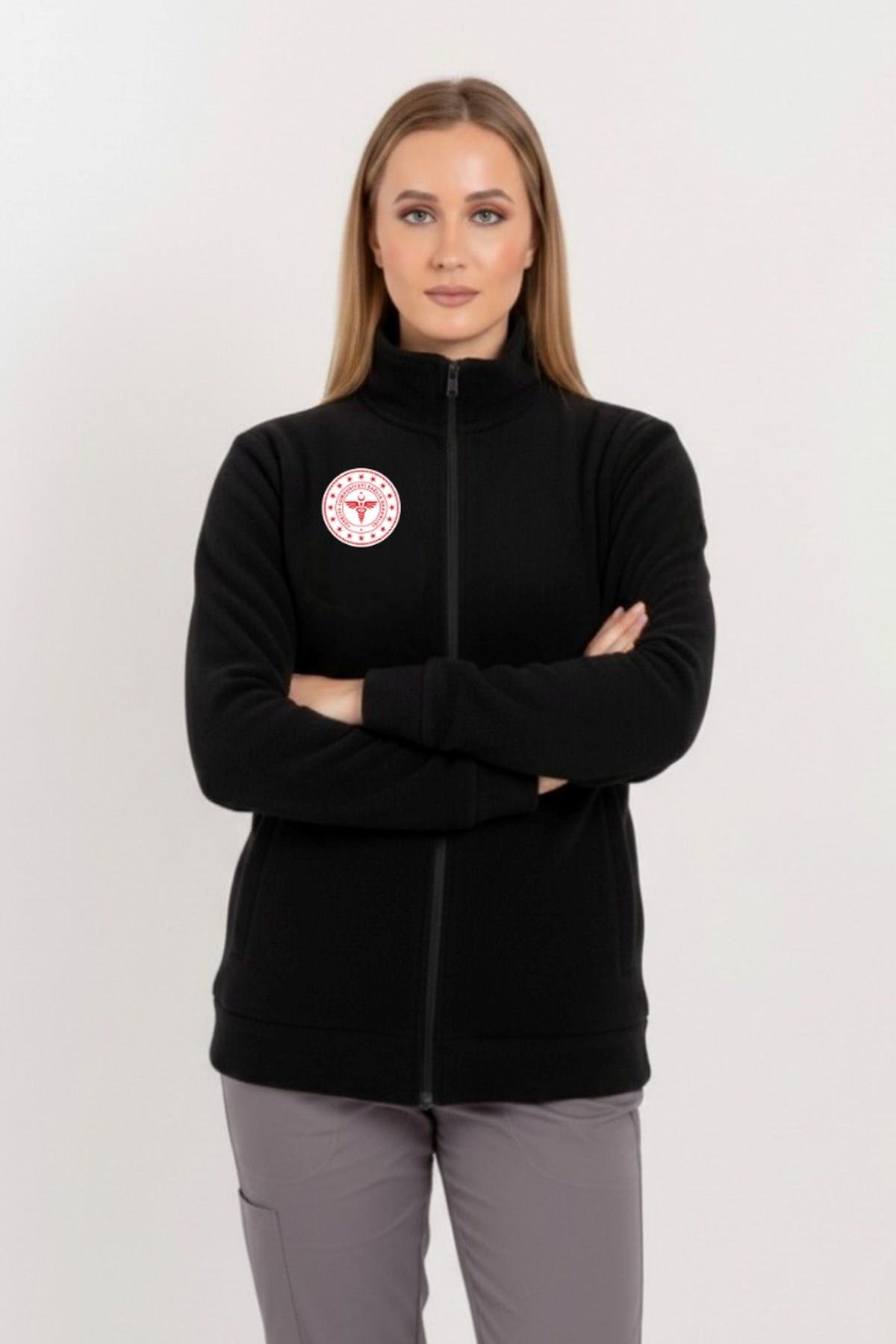 Unisex Siyah Renk Sağlık Bakanlığı Logolu Fermuarlı Polar-Nur Medikal Giyim