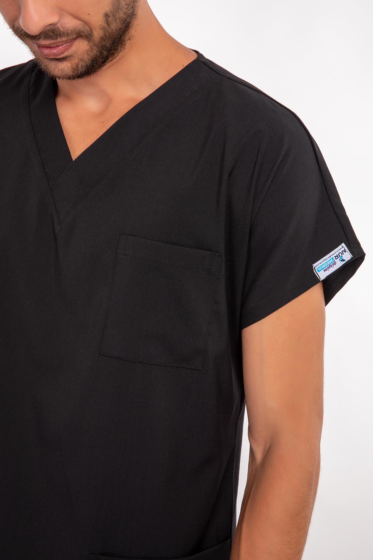 Unisex Siyah Terikoton Hemşire Doktor Cerrahi Üniforma Takım Scrubs-Nur Medikal Giyim