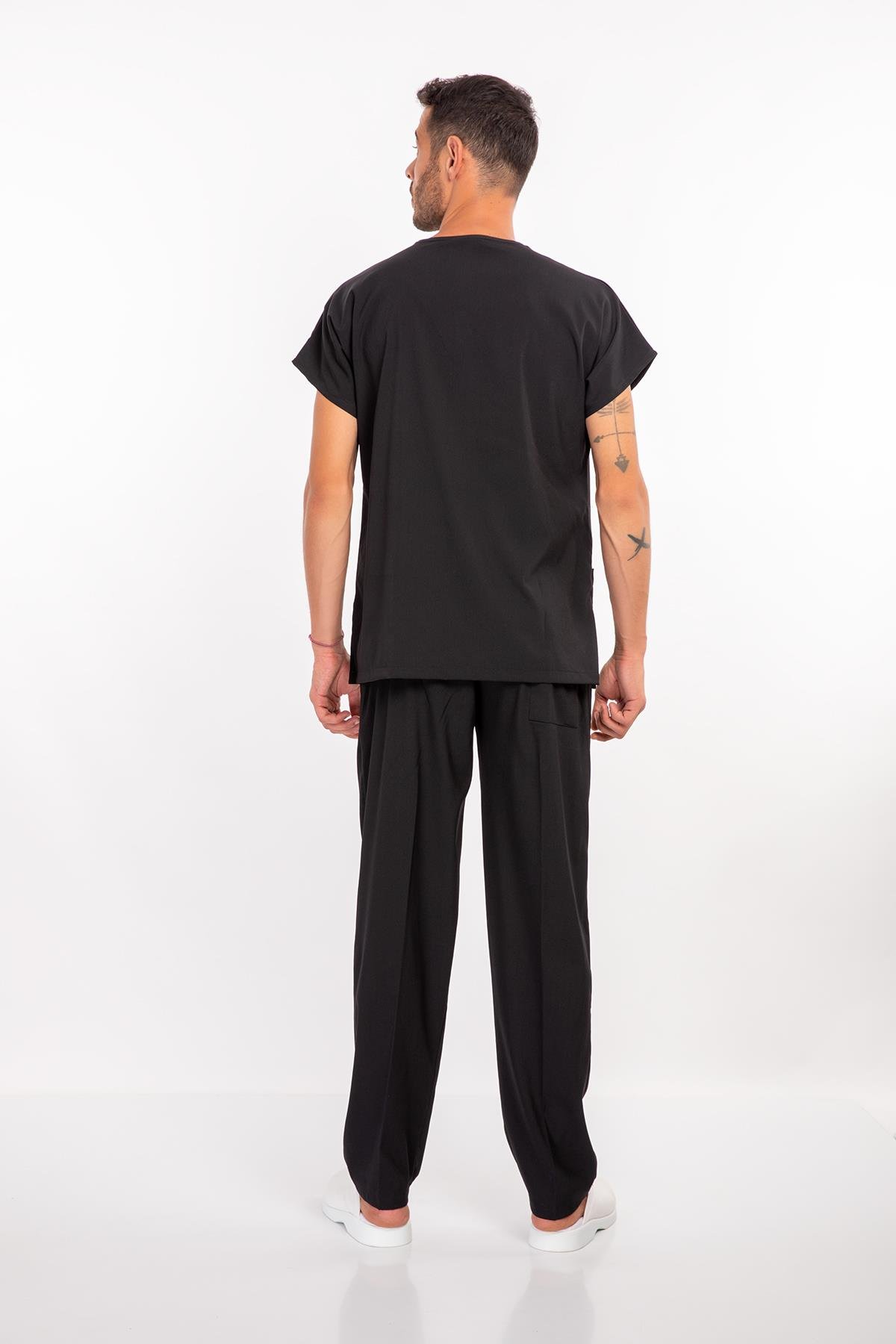 Unisex Siyah Terikoton Hemşire Doktor Cerrahi Üniforma Takım Scrubs-Nur Medikal Giyim