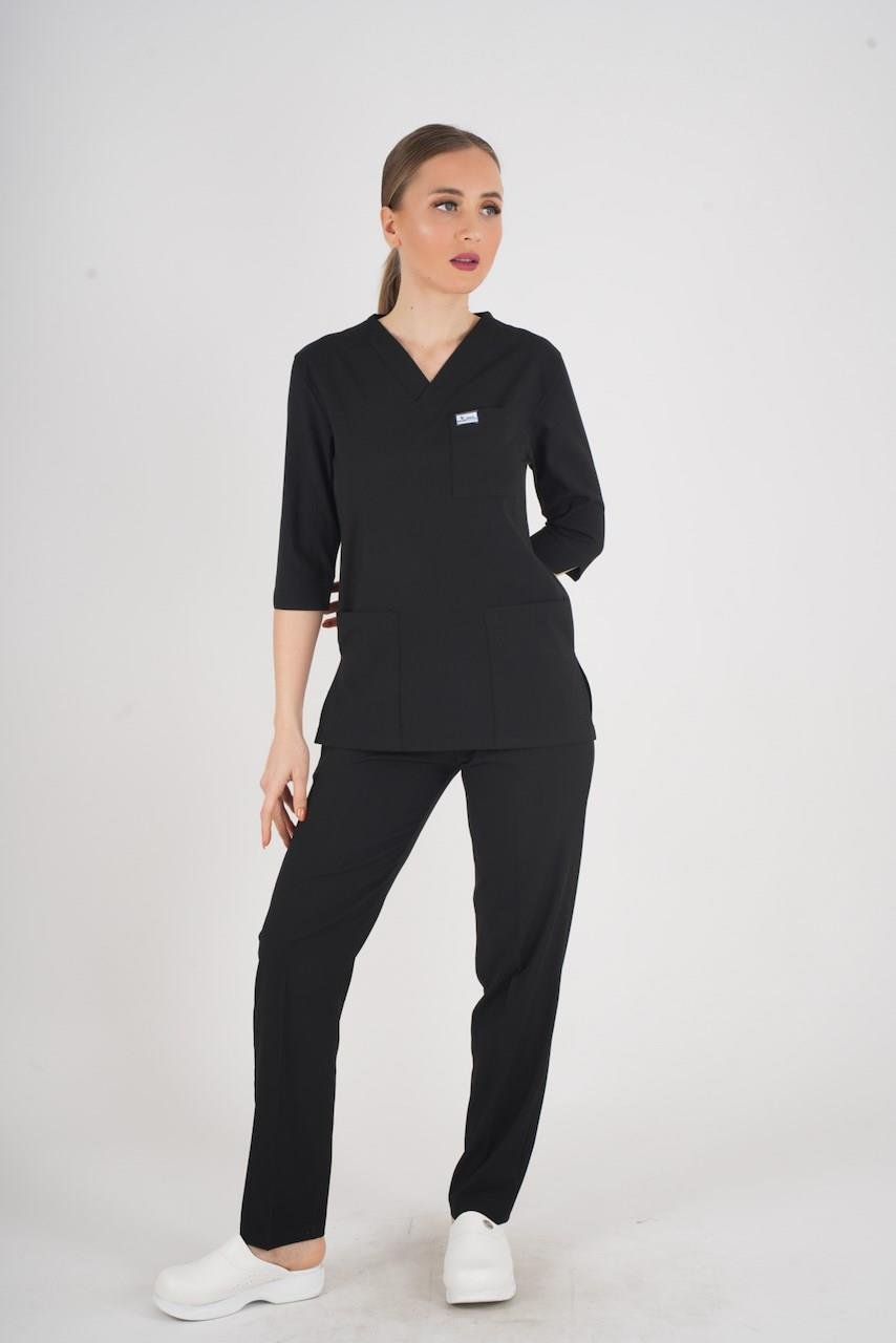 Unisex Siyah Violet Model Scrubs Takım Doktor Hemşire Üniforması-Nur Medikal Giyim