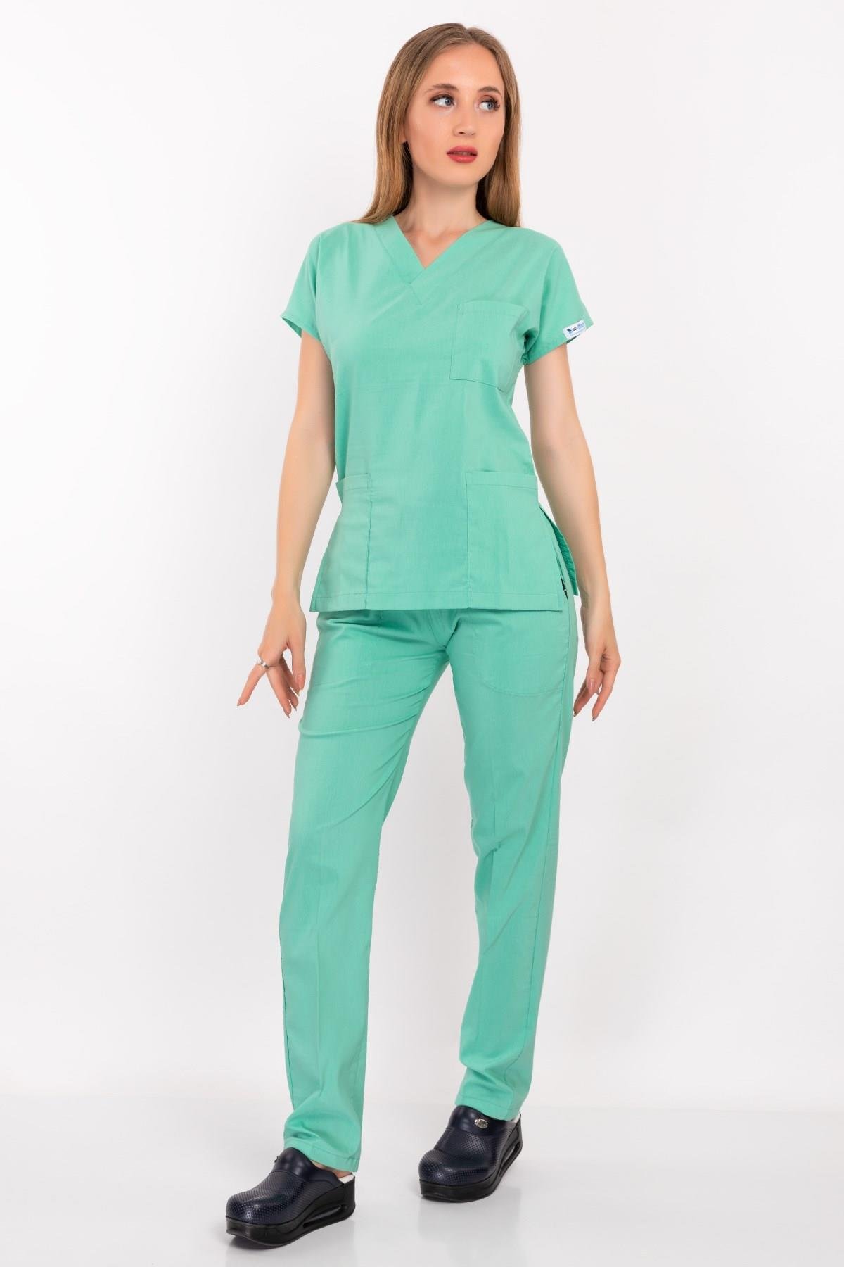 Unisex Su Yeşili Terikoton Hemşire Doktor Scrubs Nöbet Takım-Nur Medikal Giyim