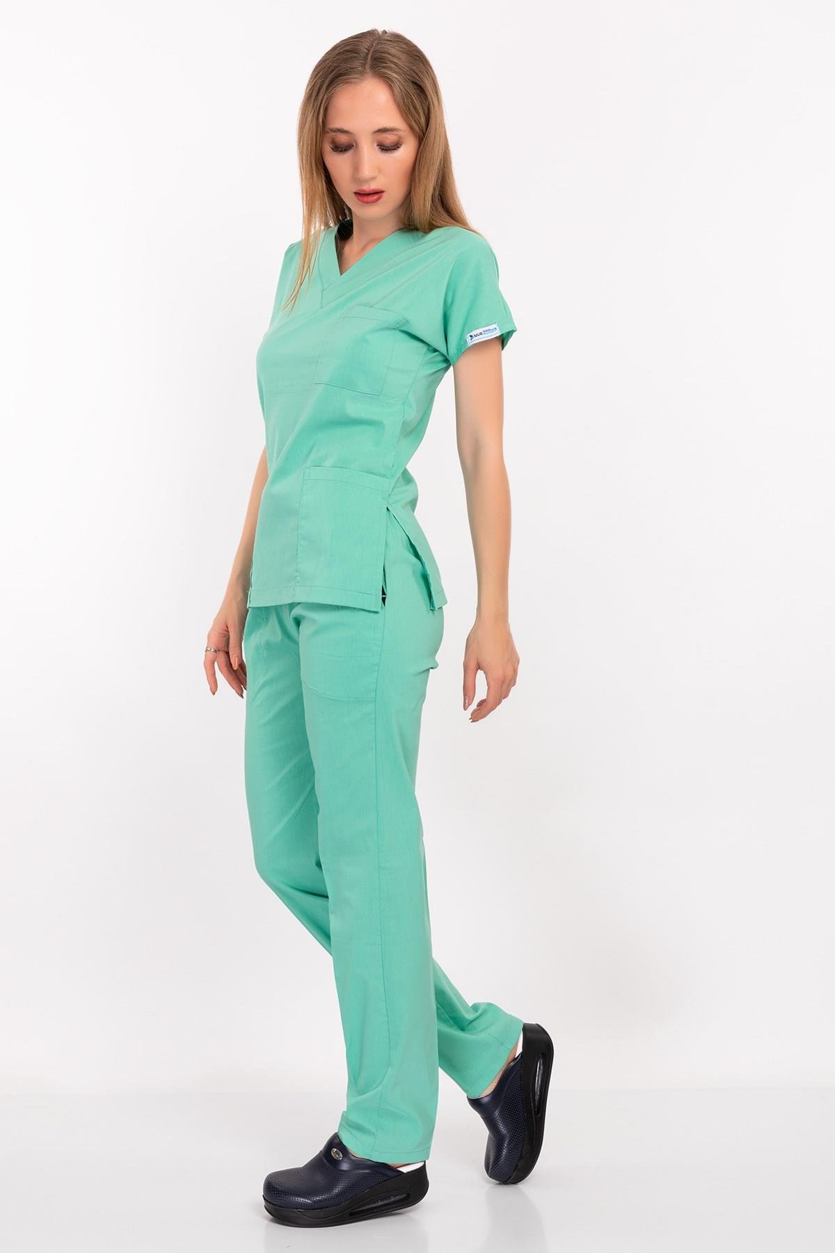 Unisex Su Yeşili Terikoton Hemşire Doktor Scrubs Nöbet Takım-Nur Medikal Giyim