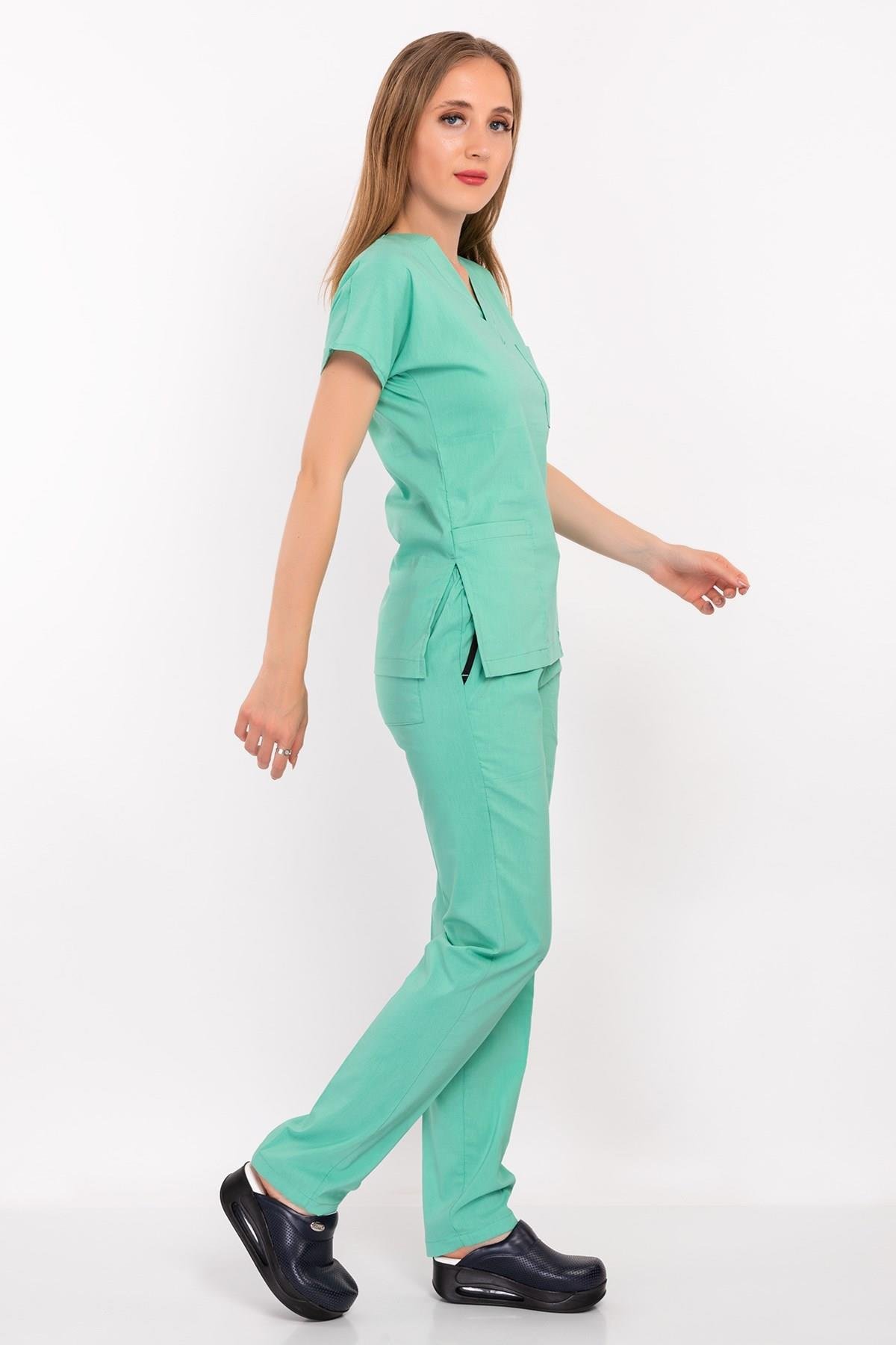 Unisex Su Yeşili Terikoton Hemşire Doktor Scrubs Nöbet Takım-Nur Medikal Giyim