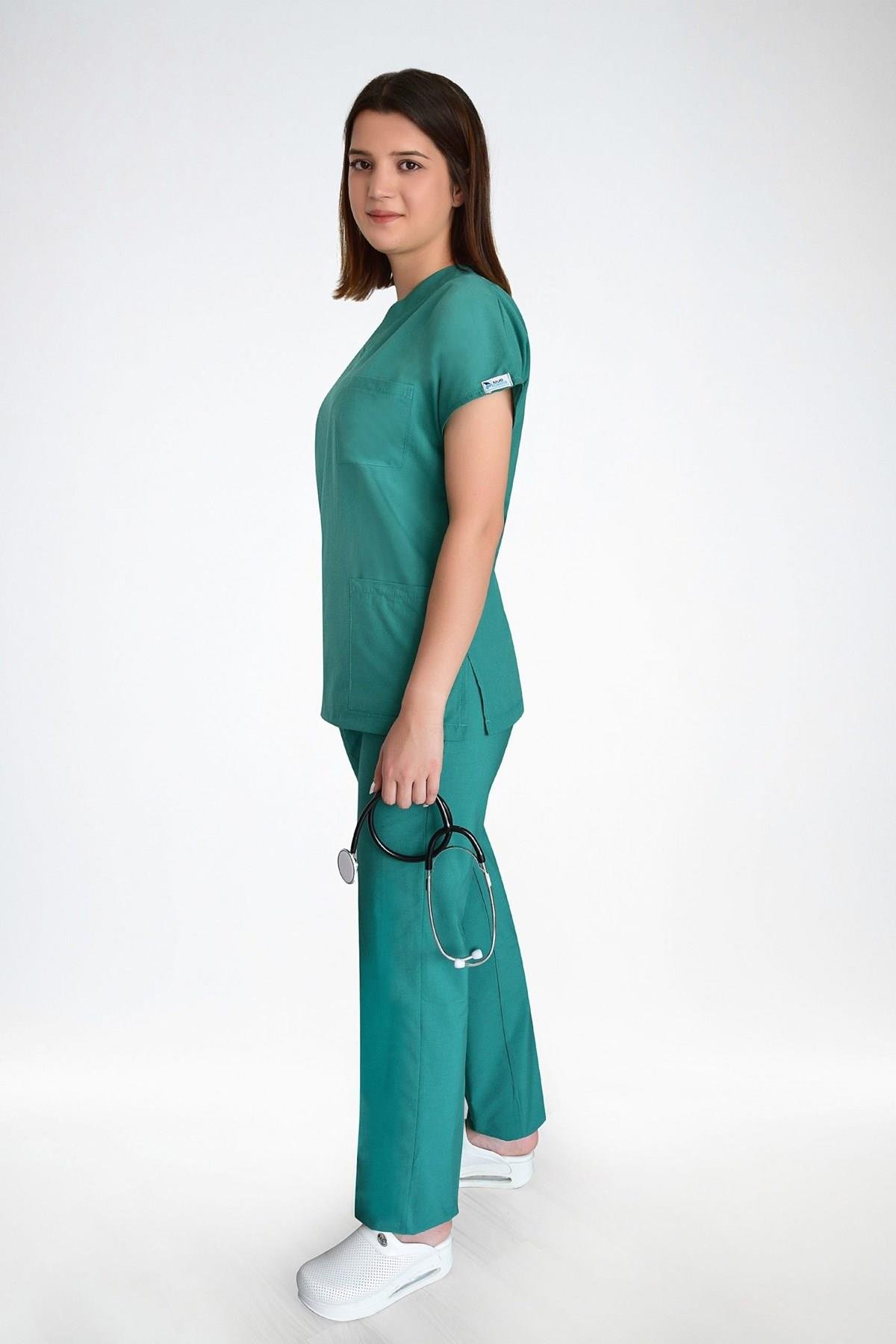 Unisex Terikoton Ameliyat Yeşili Hemşire Üniforma Takımı Scrubs-Nur Medikal Giyim