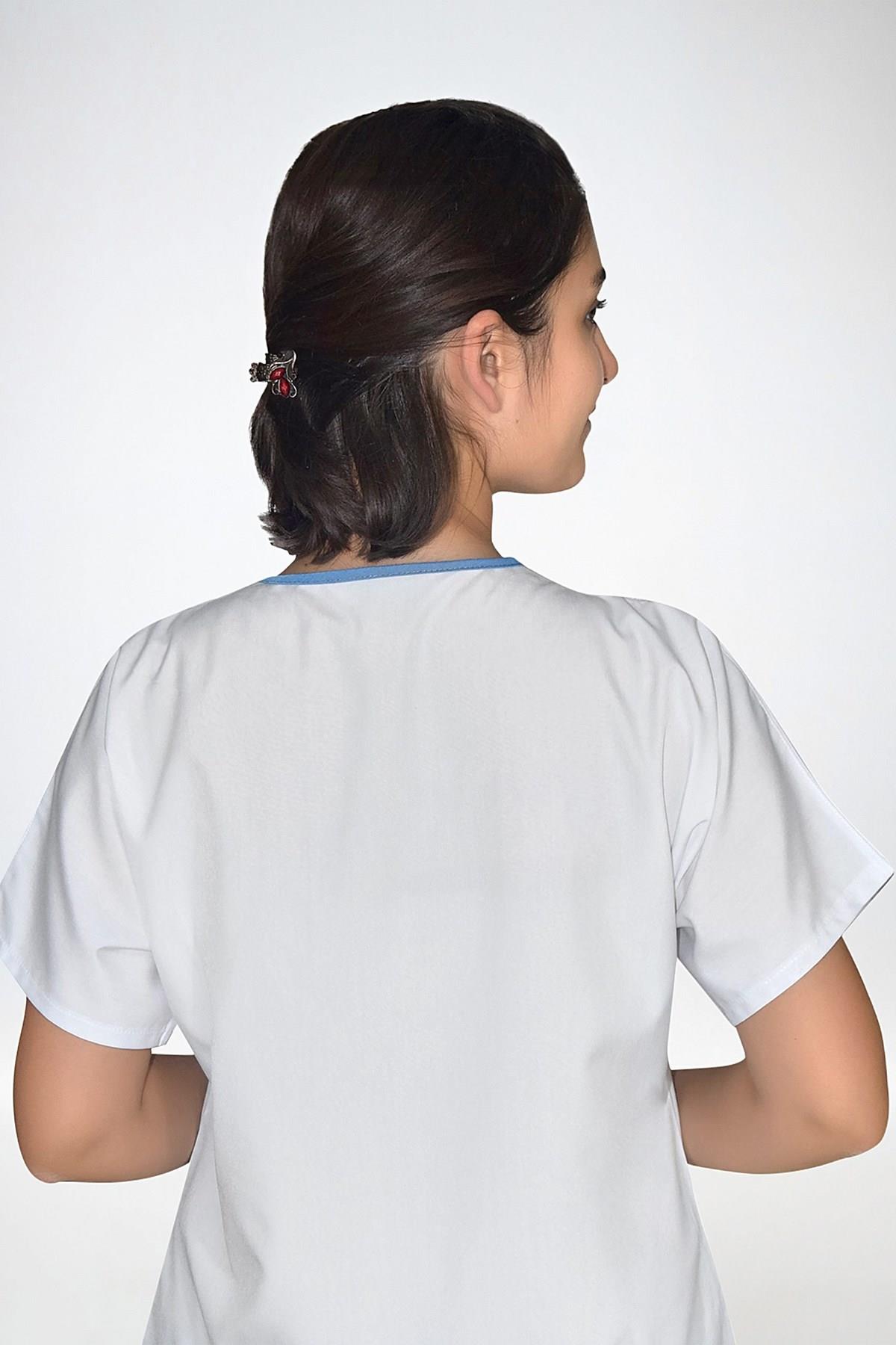 Unisex Terikoton Beyaz Hemşire Üniforma Takımı Doktor Scrubs Set-Nur Medikal Giyim