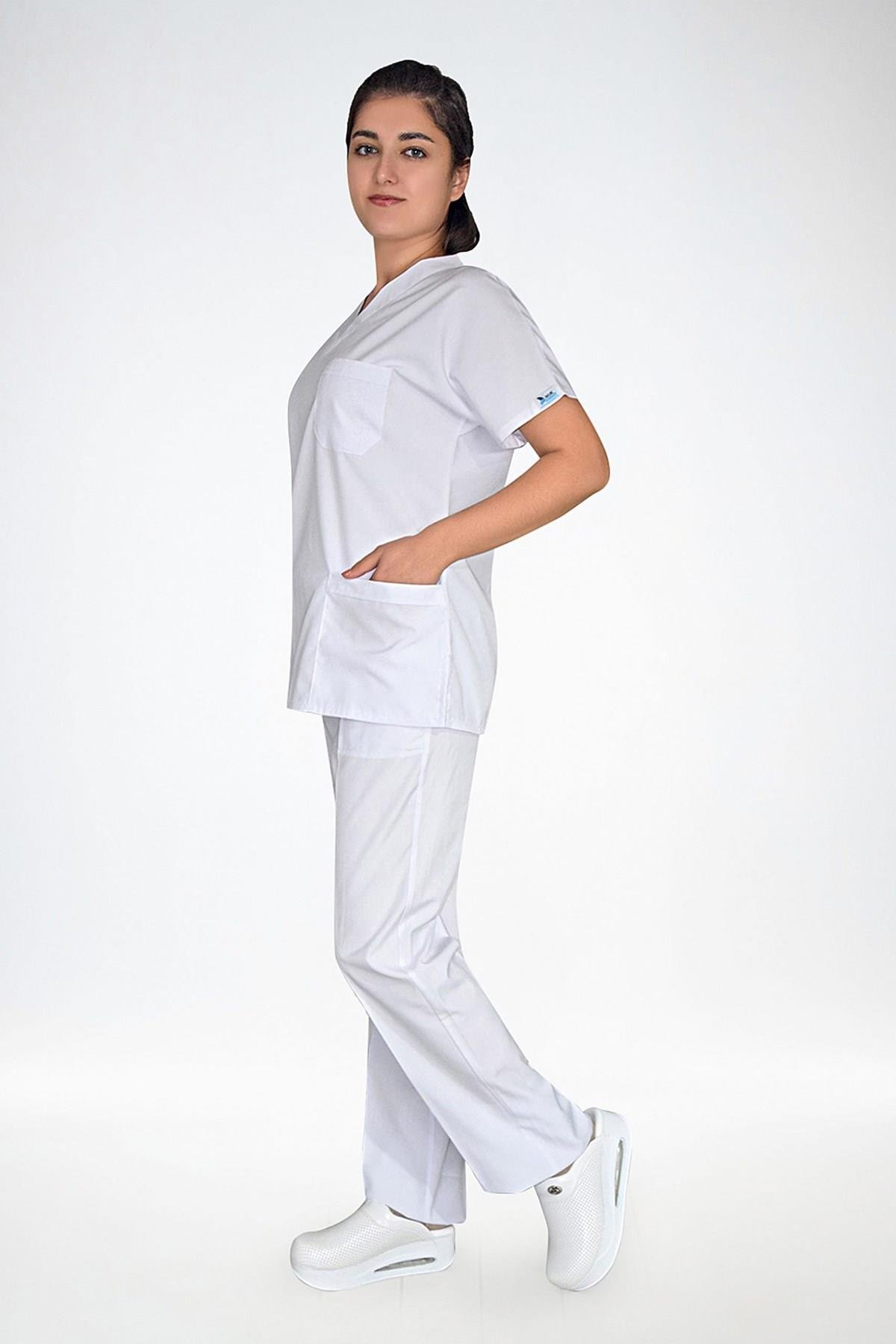 Unisex Terikoton Beyaz Hemşire Üniforma Takımı Doktor Scrubs Set-Nur Medikal Giyim