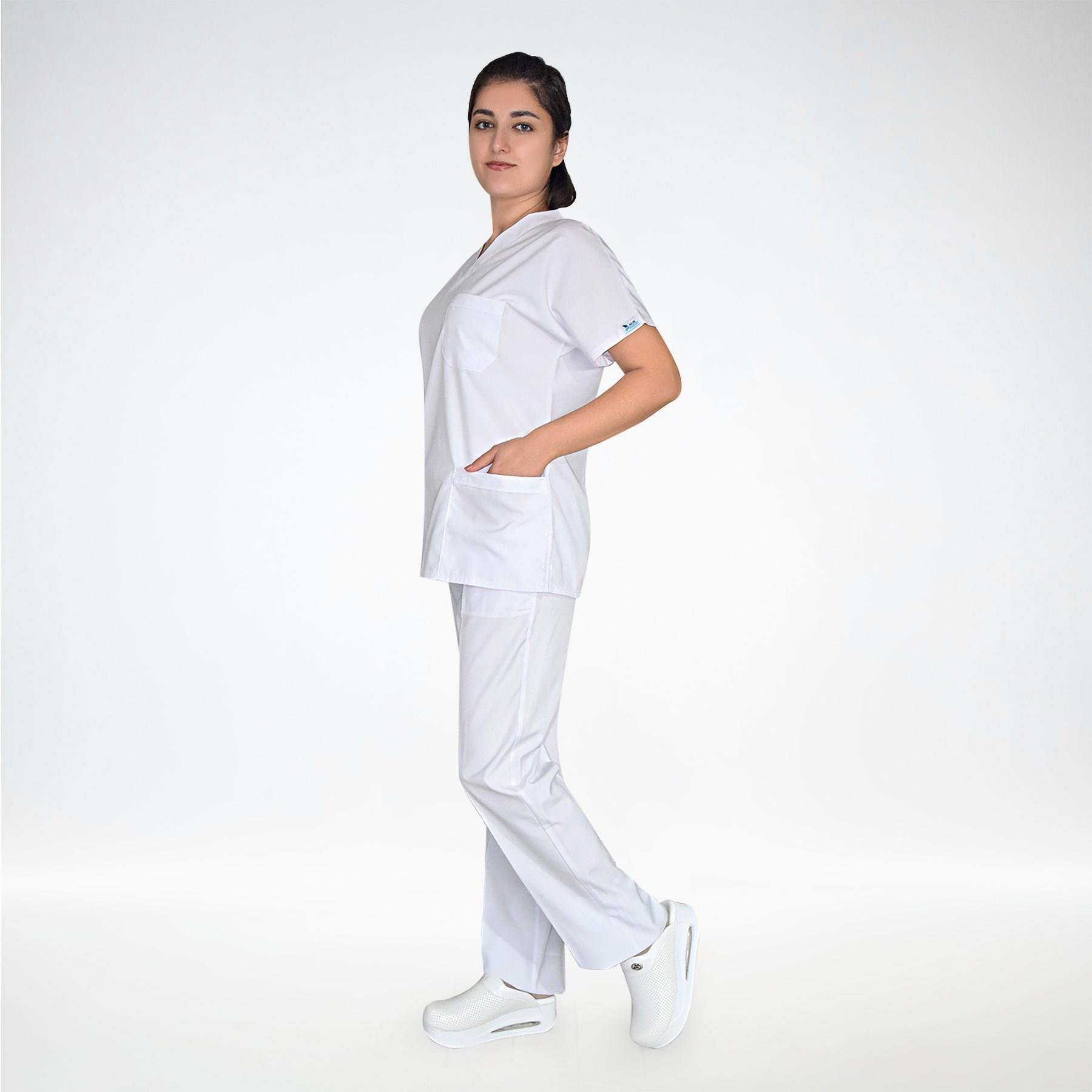 Unisex Terikoton Beyaz Hemşire Üniforma Takımı Doktor Scrubs Set-Nur Medikal Giyim