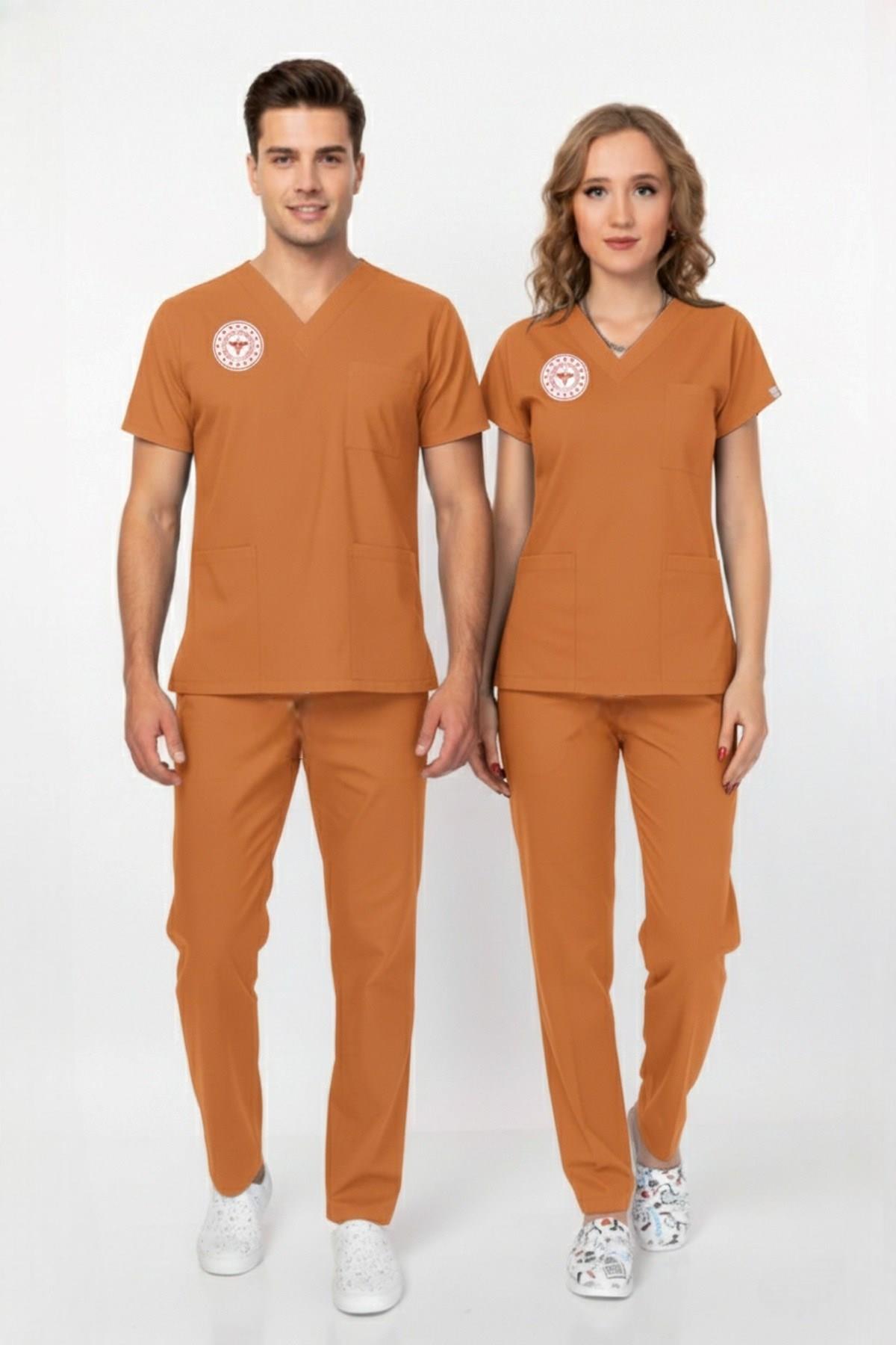 Unisex Turuncu Klinik Destek İşçi Kadrosu Scrubs Takım (Sağlık Bakanlığı Yeni Yönetmeliğe Uygun)-Nur Medikal Giyim