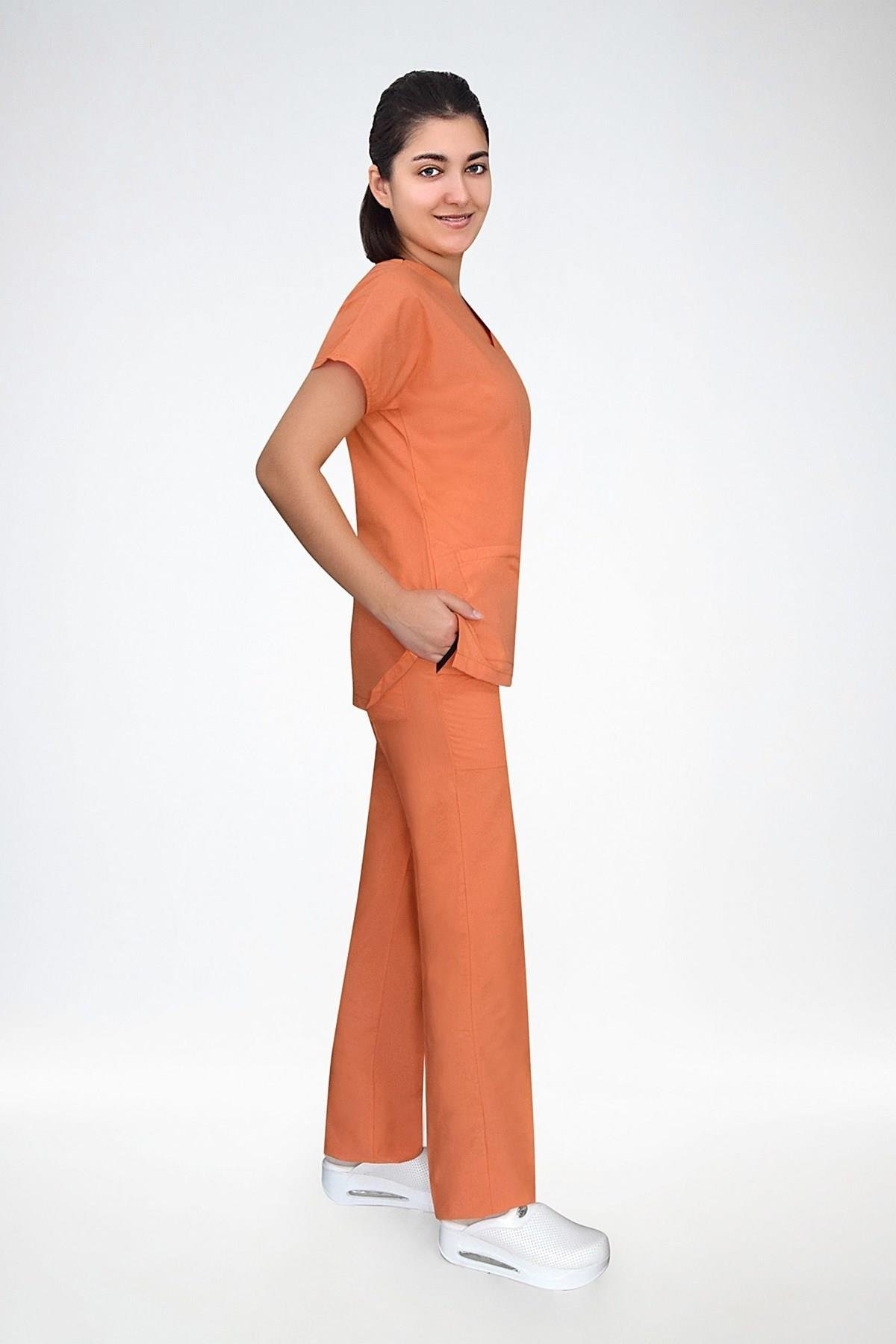 Unisex Turuncu Terikoton Doktor Hemşire Üniforma Takım Scrubs-Nur Medikal Giyim