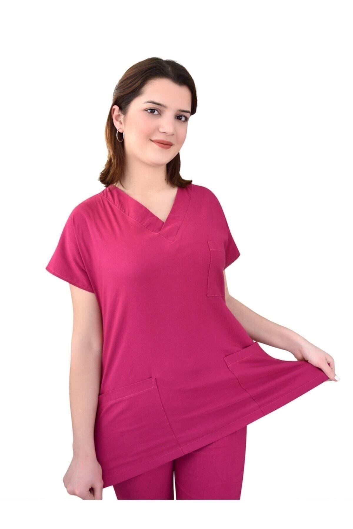 Unisex Vişne Rengi Likralı Alt Üst Forma Takım Scrubs-Nur Medikal Giyim