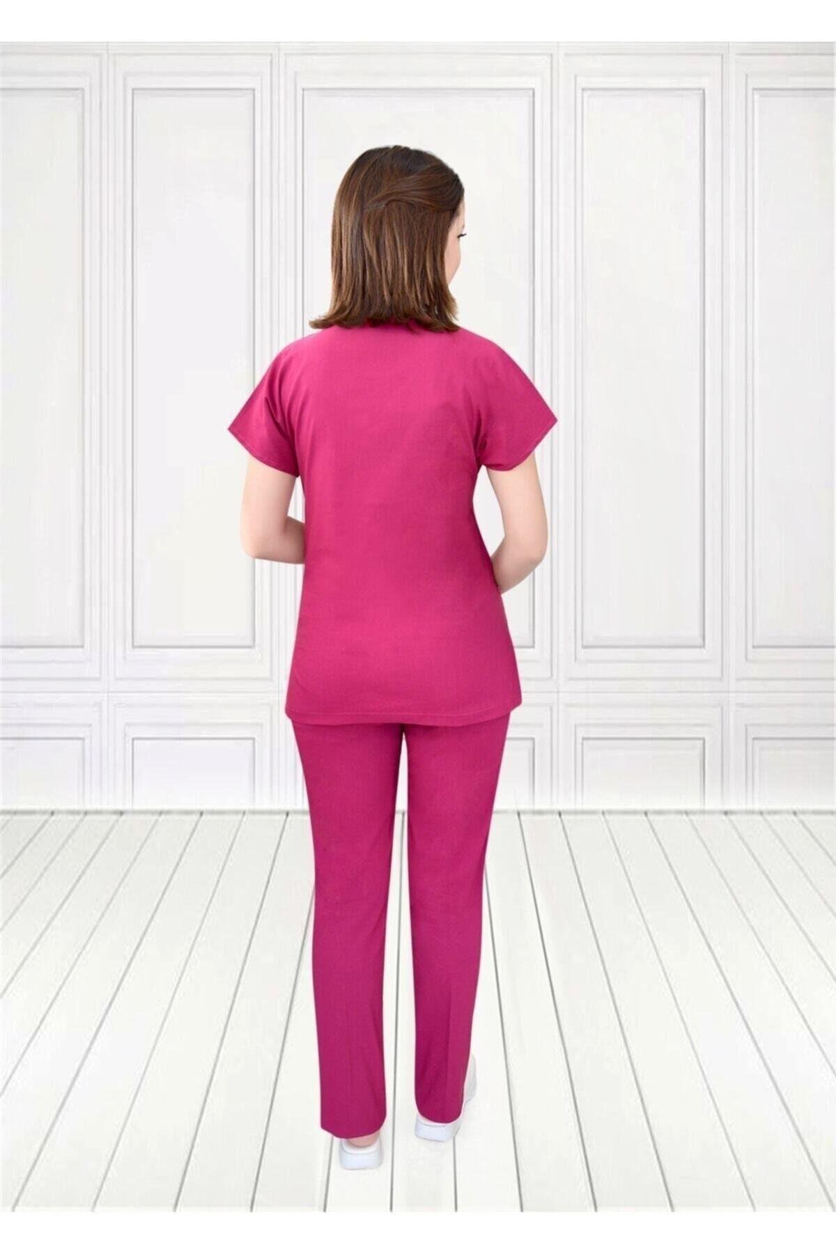 Unisex Vişne Rengi Likralı Alt Üst Forma Takım Scrubs-Nur Medikal Giyim