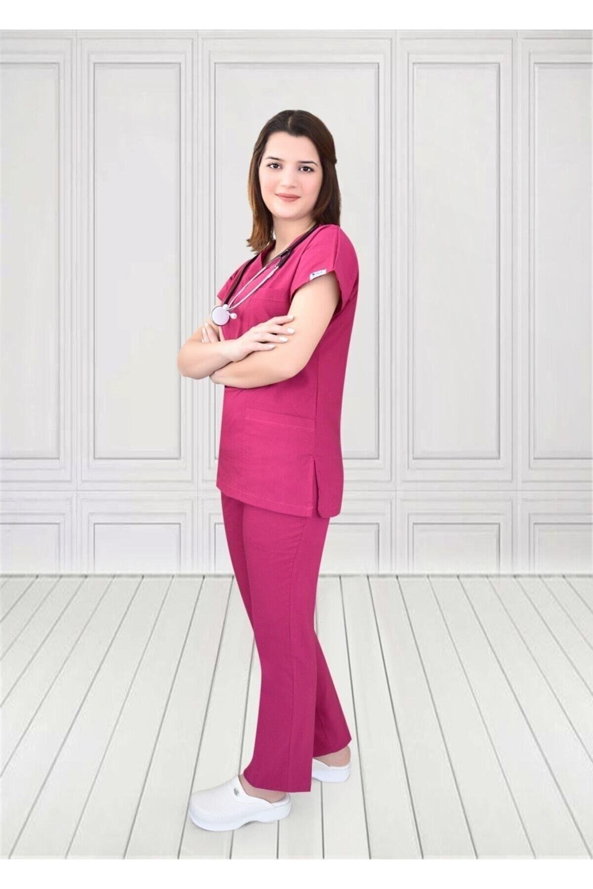 Unisex Vişne Rengi Likralı Alt Üst Forma Takım Scrubs-Nur Medikal Giyim