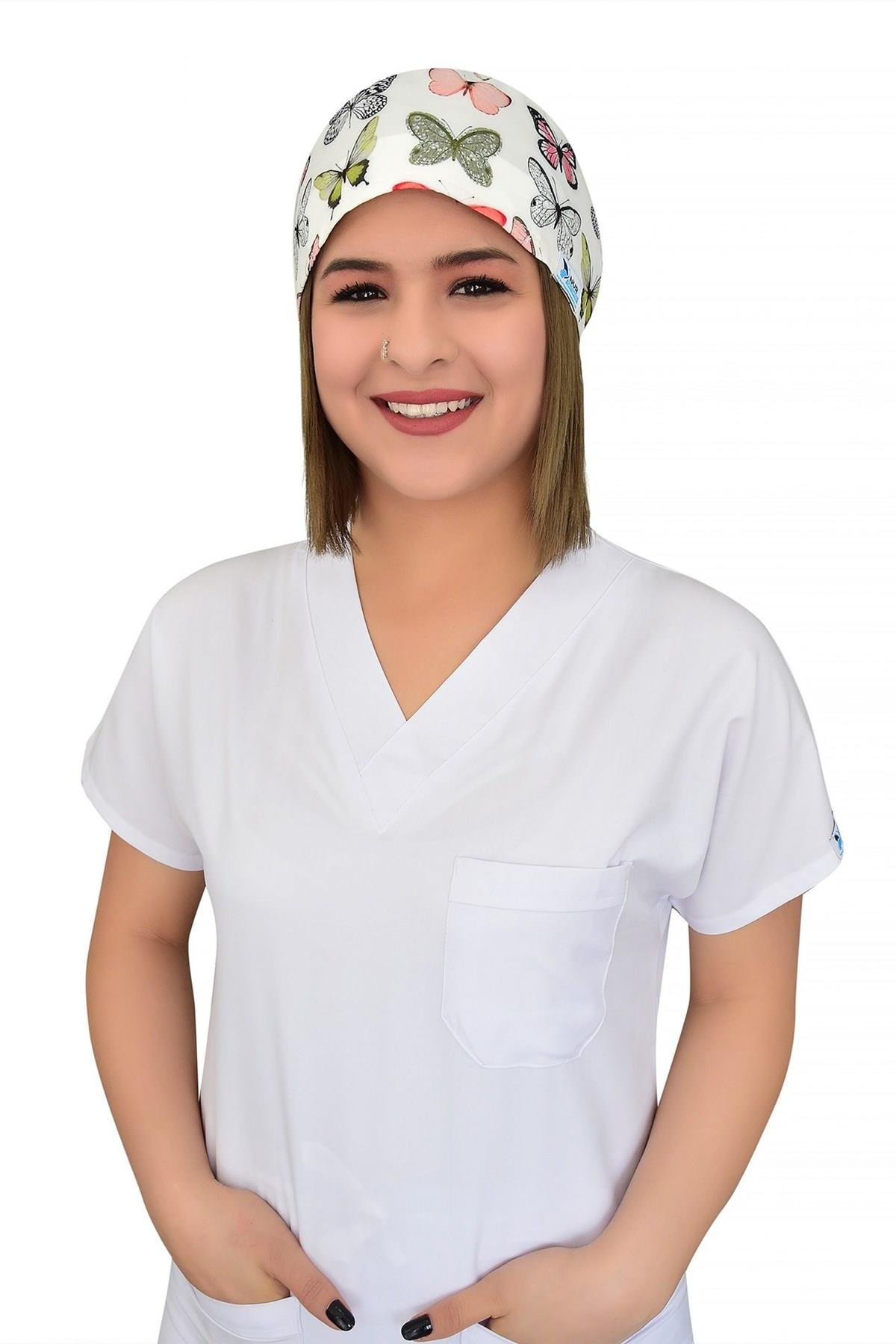 Unisex Yeşil Kelebekler Desenli Cerrahi Bone Hemşire Saç Bonesi-Nur Medikal Giyim