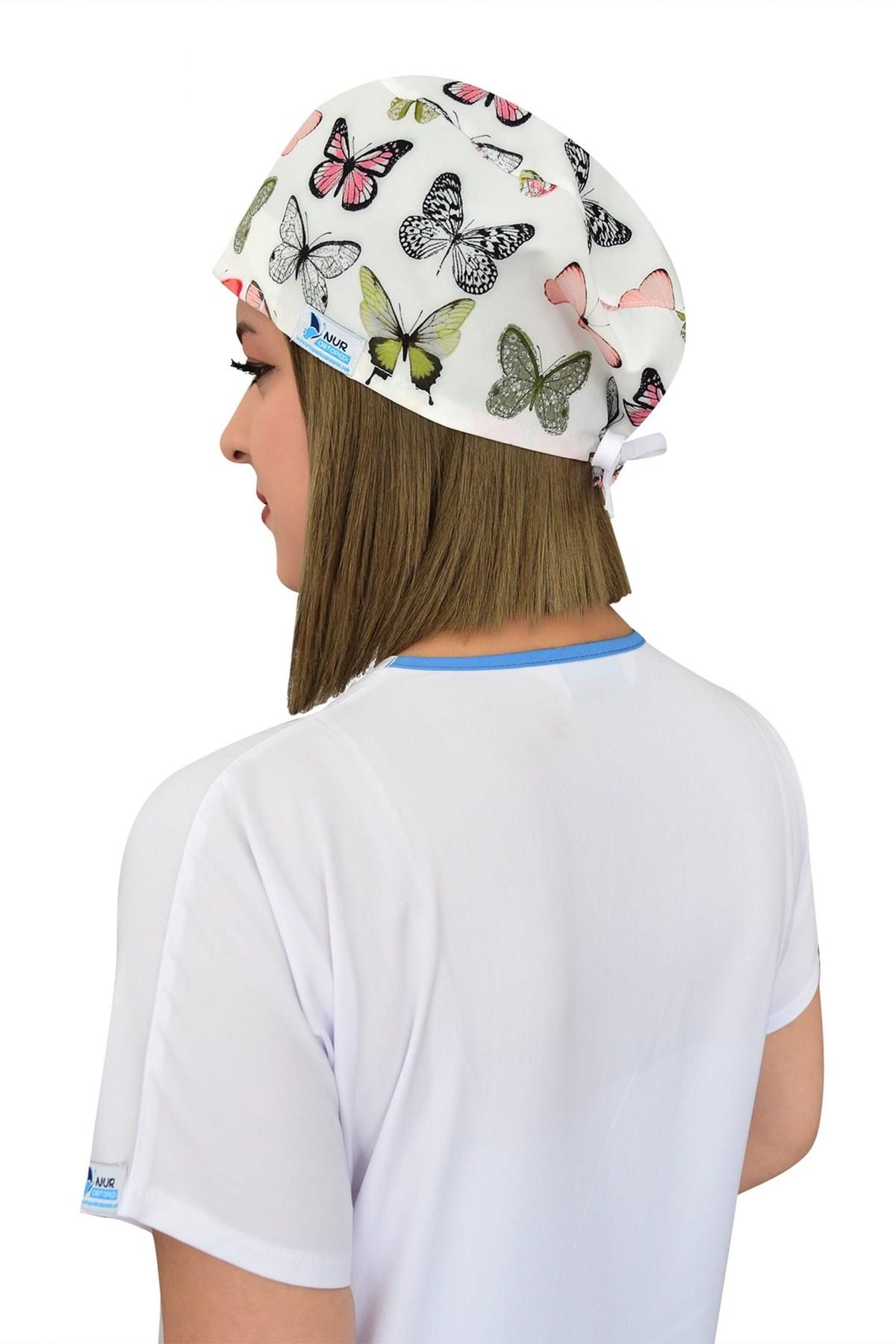 Unisex Yeşil Kelebekler Desenli Cerrahi Bone Hemşire Saç Bonesi-Nur Medikal Giyim