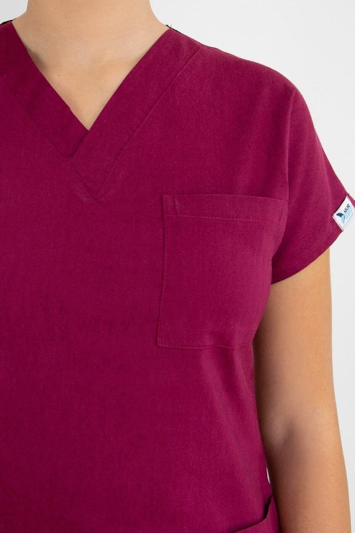 Vişne Çürüğü Rengi Likralı Alt Üst Takım-Nur Medikal Giyim