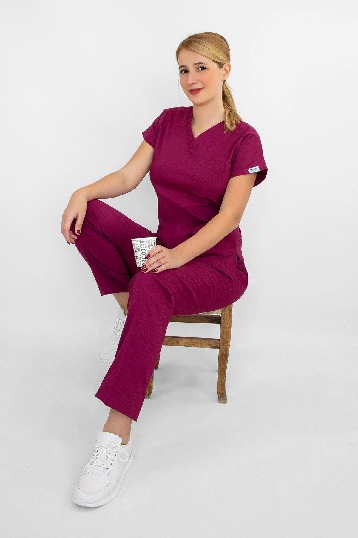 Vişne Çürüğü Rengi Likralı Alt Üst Takım-Nur Medikal Giyim