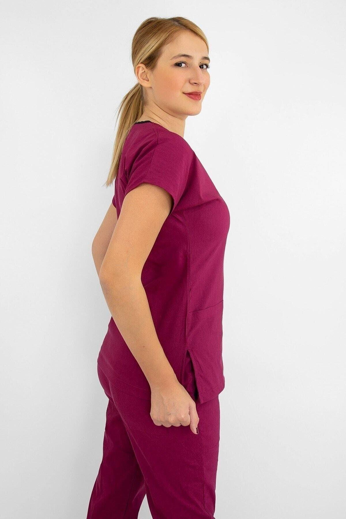 Vişne Çürüğü Rengi Likralı Alt Üst Takım-Nur Medikal Giyim