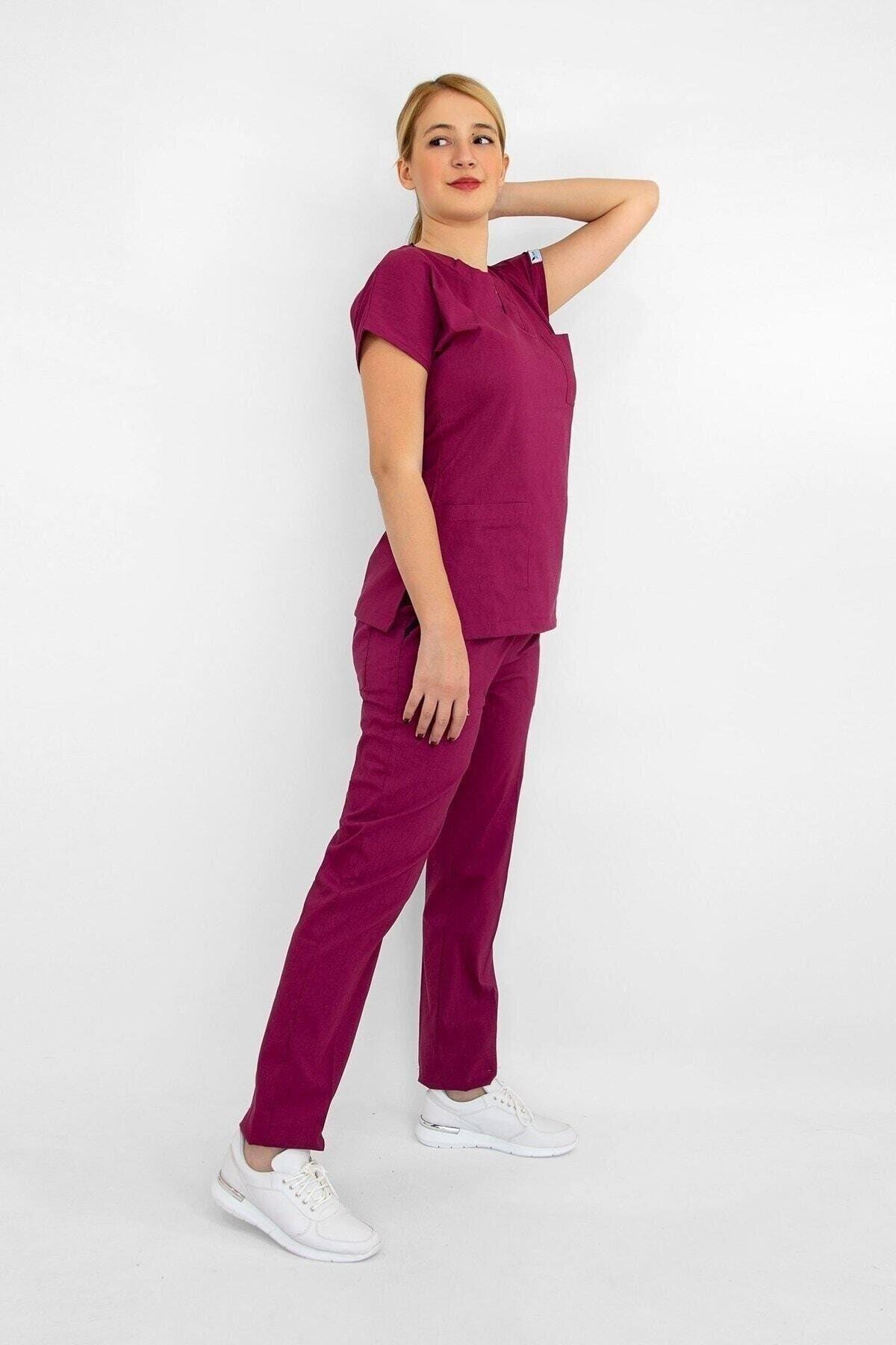 Vişne Çürüğü Rengi Likralı Alt Üst Takım-Nur Medikal Giyim