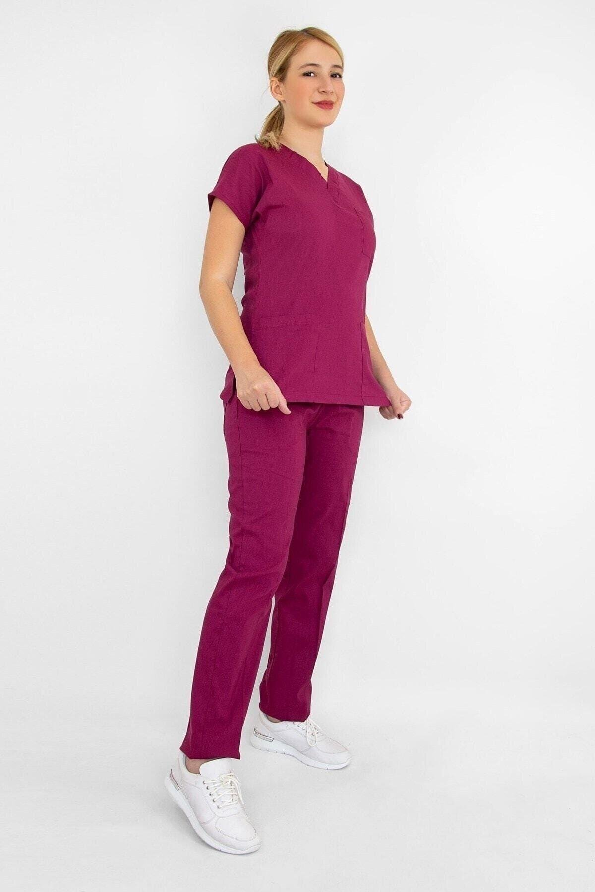 Vişne Çürüğü Rengi Likralı Alt Üst Takım-Nur Medikal Giyim