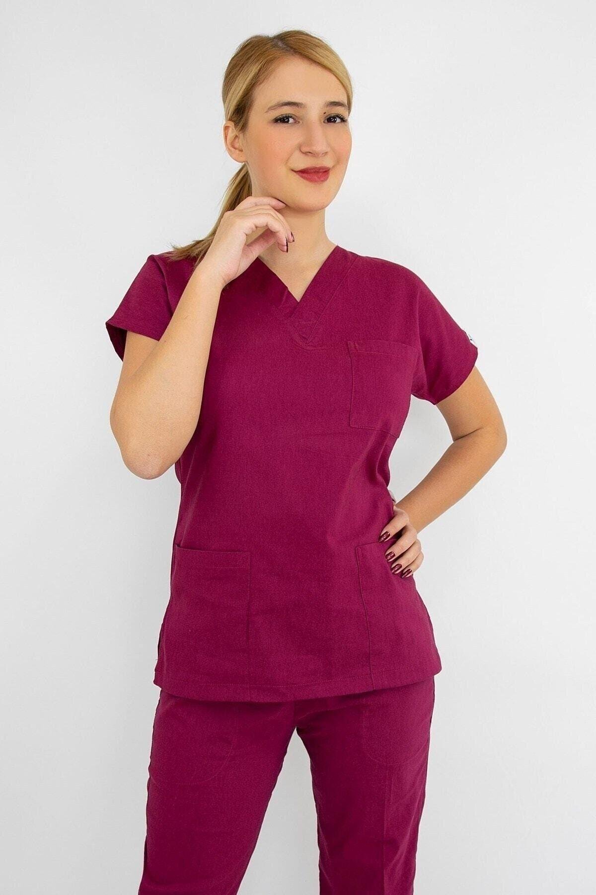Vişne Çürüğü Rengi Likralı Üst Forma-Nur Medikal Giyim