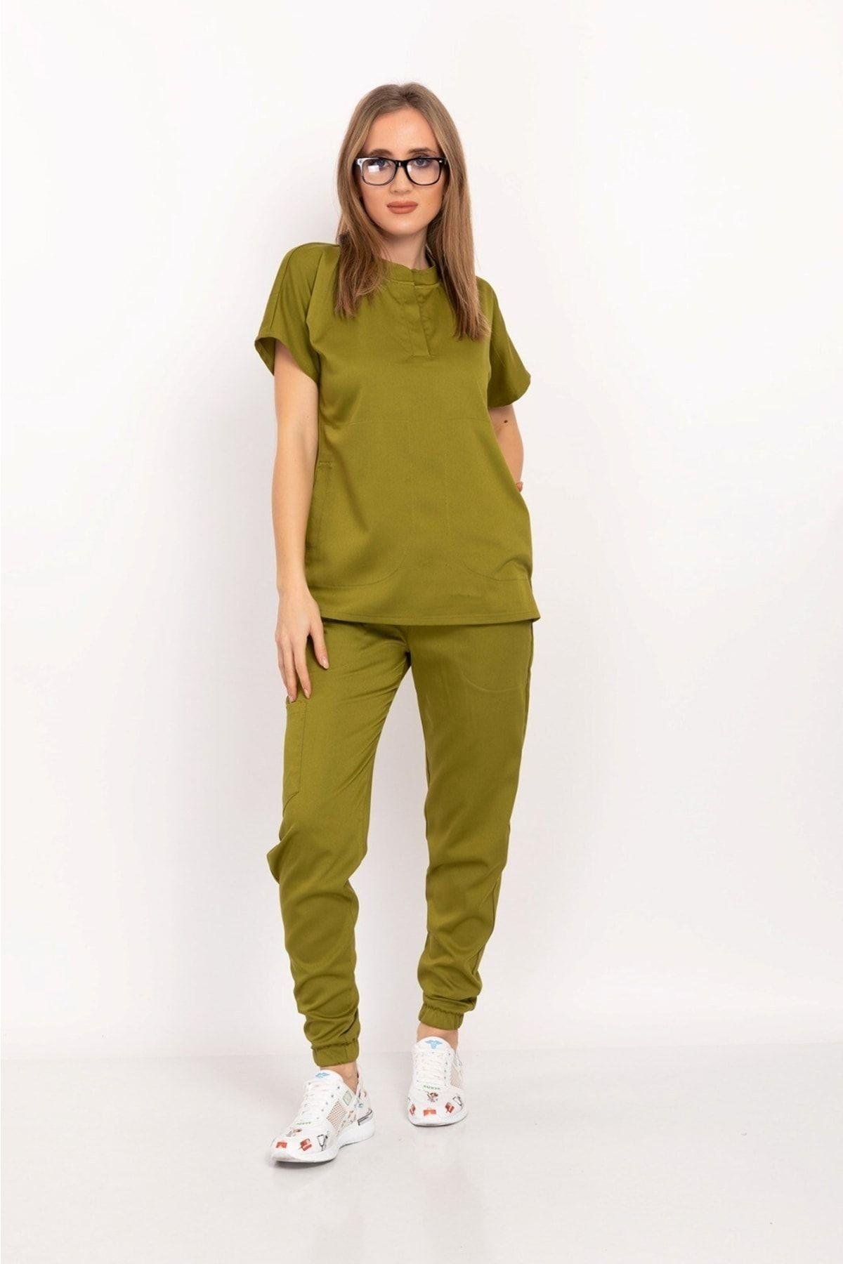 Yağ Yeşili Renk Çağla Model Elit Likra Hakim Yaka Çıt Çıtlı Doktor Hemşire Üniforma Takım-Nur Medikal Giyim