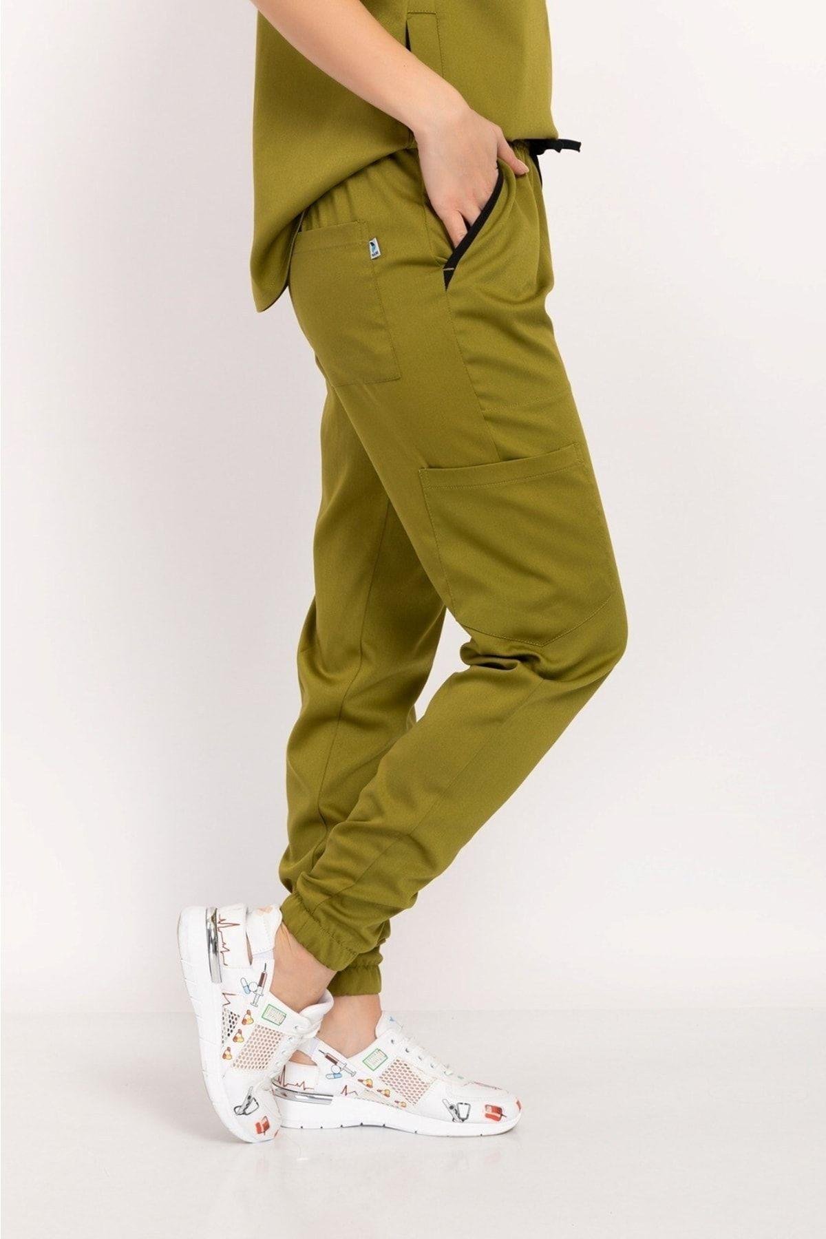 Yağ Yeşili Renk Çağla Model Elit Likra Hakim Yaka Çıt Çıtlı Doktor Hemşire Üniforma Takım-Nur Medikal Giyim