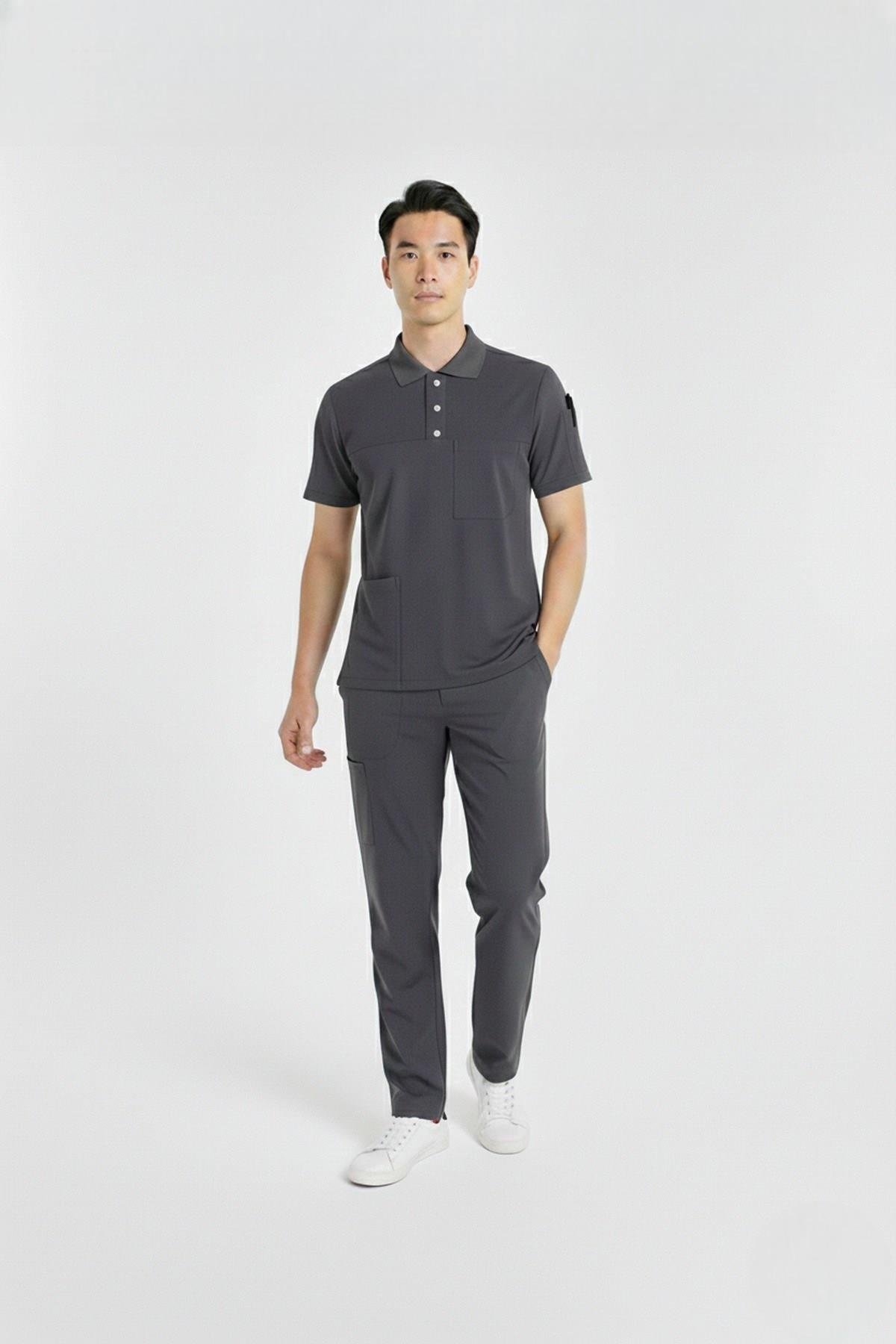 Zulu Model Antrasit Polo Yaka Likralı Erkek Doktor Hemşire Scrubs Üniforma Takımı-Nur Medikal Giyim