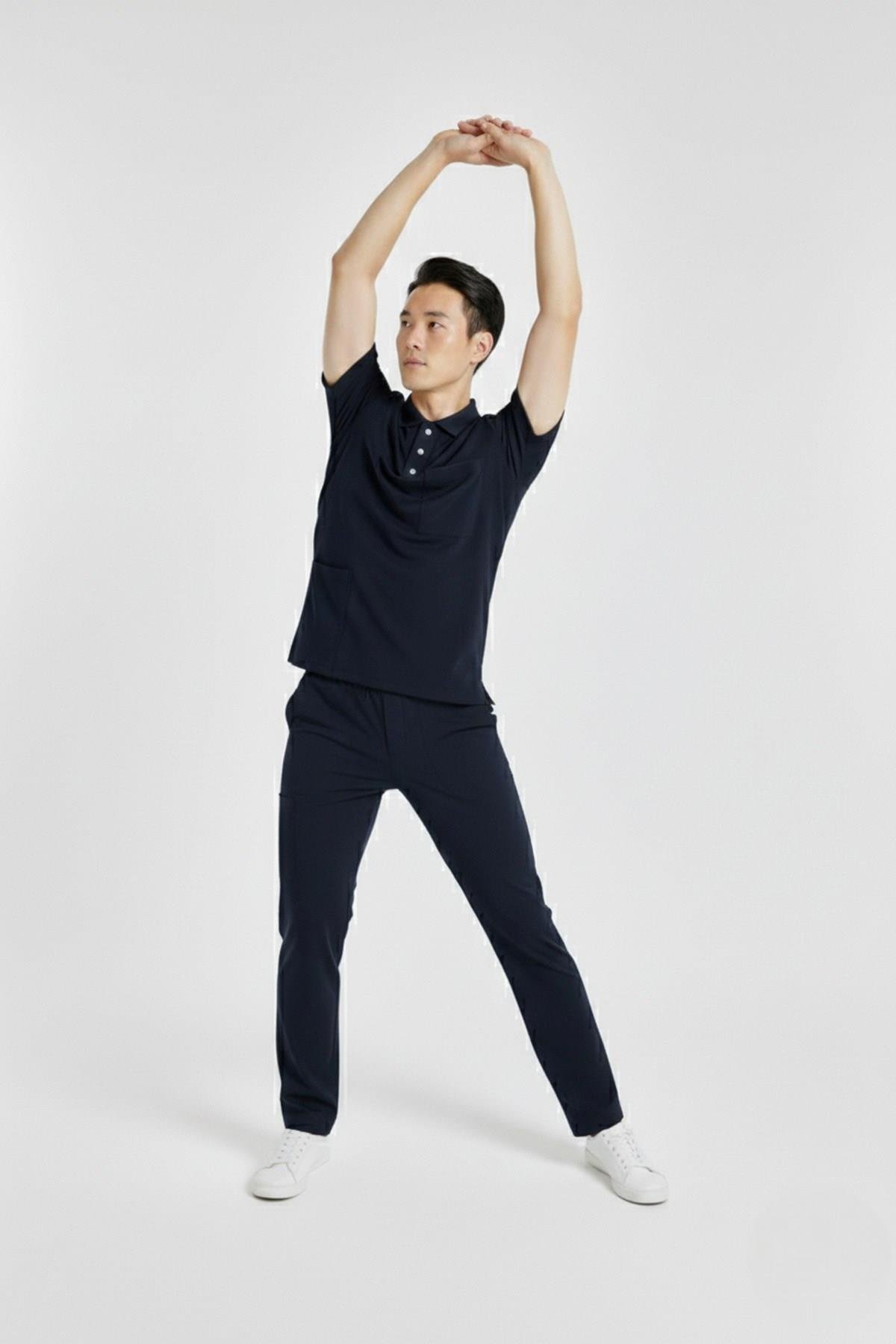 Zulu Model Lacivert Polo Yaka Likralı Erkek Doktor Hemşire Scrubs Üniforma Takımı-Nur Medikal Giyim