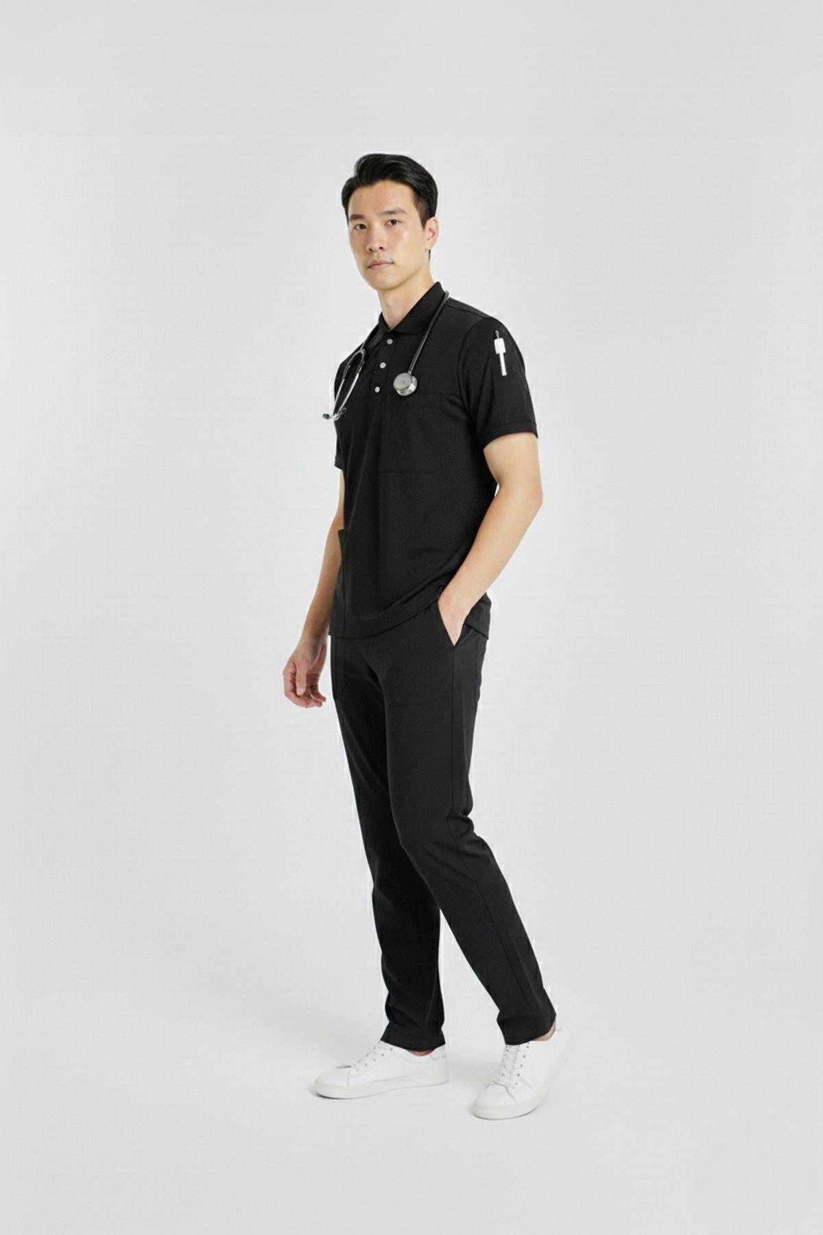 Zulu Model Siyah Polo Yaka Likralı Erkek Doktor Hemşire Scrubs Üniforma Takımı-Nur Medikal Giyim