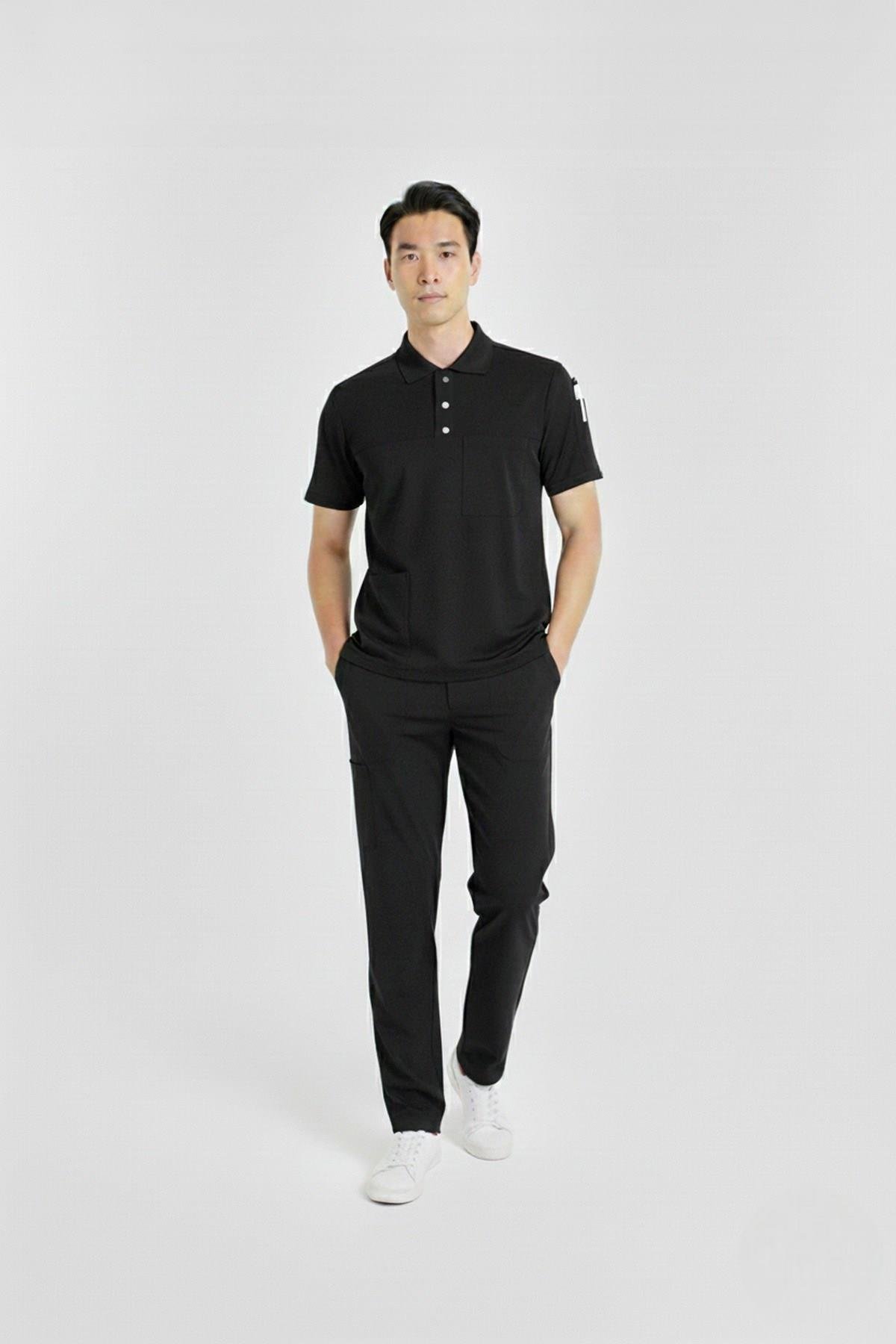 Zulu Model Siyah Polo Yaka Likralı Erkek Doktor Hemşire Scrubs Üniforma Takımı-Nur Medikal Giyim