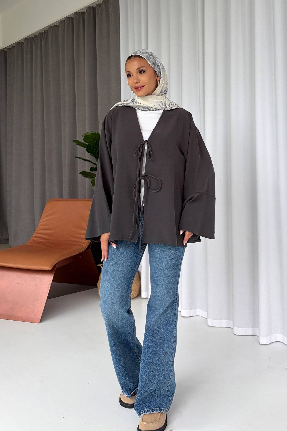 Çift Bağlama Detay Kimono Gömlek - Gri