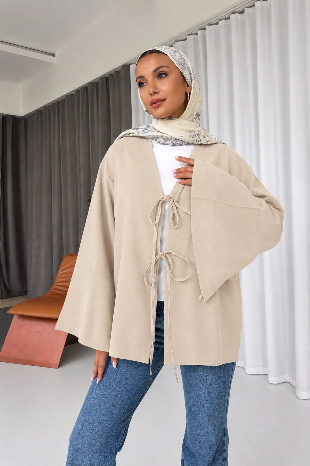 Çift Bağlama Detay Kimono Gömlek - Vizon