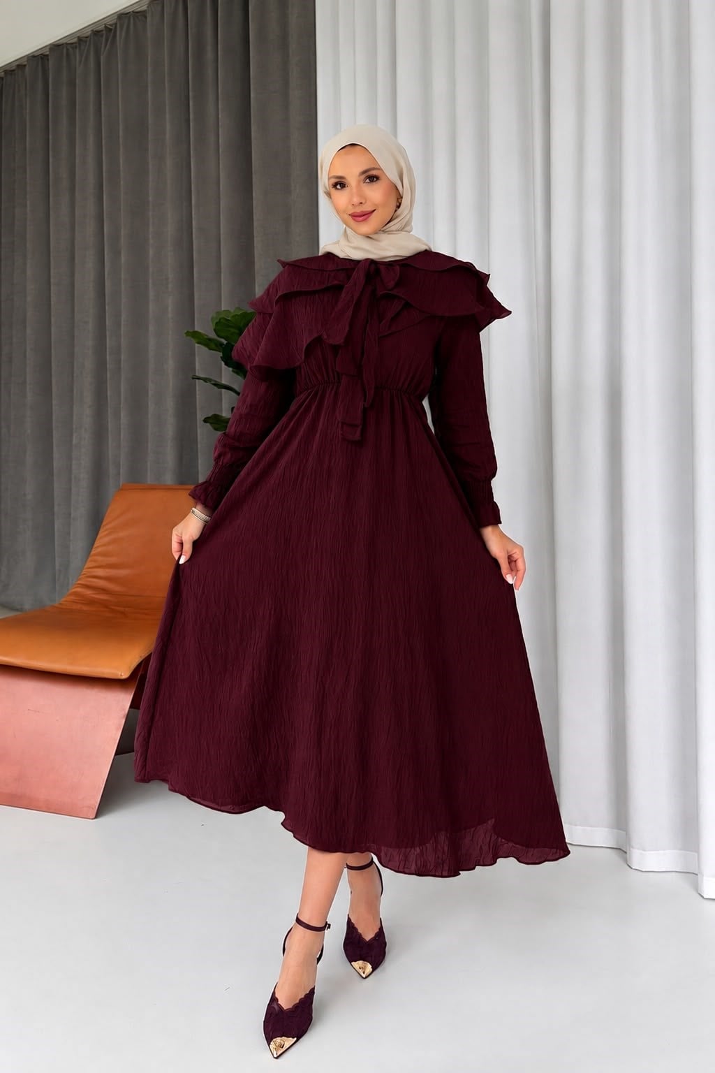 Fırfır Detay Beli Lastikli Elbise - Bordo